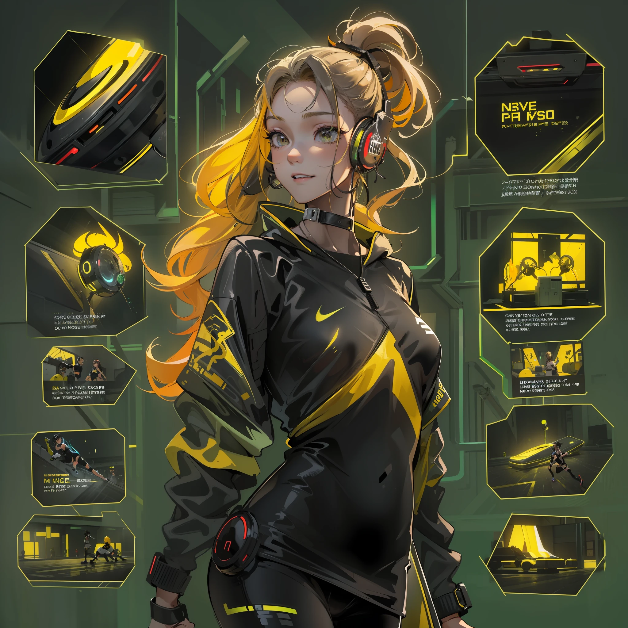 Best quality,tmasterpiece,Ultra-high resolution fills the picture,Inside the gym,Sporty girl,Night indoor black and yellow background color scheme,Neon lights,Sports tights,Sportswear,Yellow and black tracksuits,Liquid color matching clothing,the complex background,Weight instruments in the background,High-tech screen in the background,Lateral face,Smiling,Dress less,There are fitness elements in the rear,Nike brand,Tech gym,Various sports accessories,Various gym scenes,Perfect makeup,Love eyes,8K quality,Cyberpunk,sense of science and technology,Character backlighting,rim-light,Movement changes,Flowing hairstyle,Loose hairstyle,The number of fingers is refined,Luminous stud earrings and luminescent digital necklace,Wear an electronic digital watch,Sports headphones,The most beautiful girl in mankind,Dye hair,Delicate close-up of the face,The overall picture is yellow and black, And the color scheme is realistic and realistic,Super light and shadow,Very good figure,English slogan neon,Runway lights