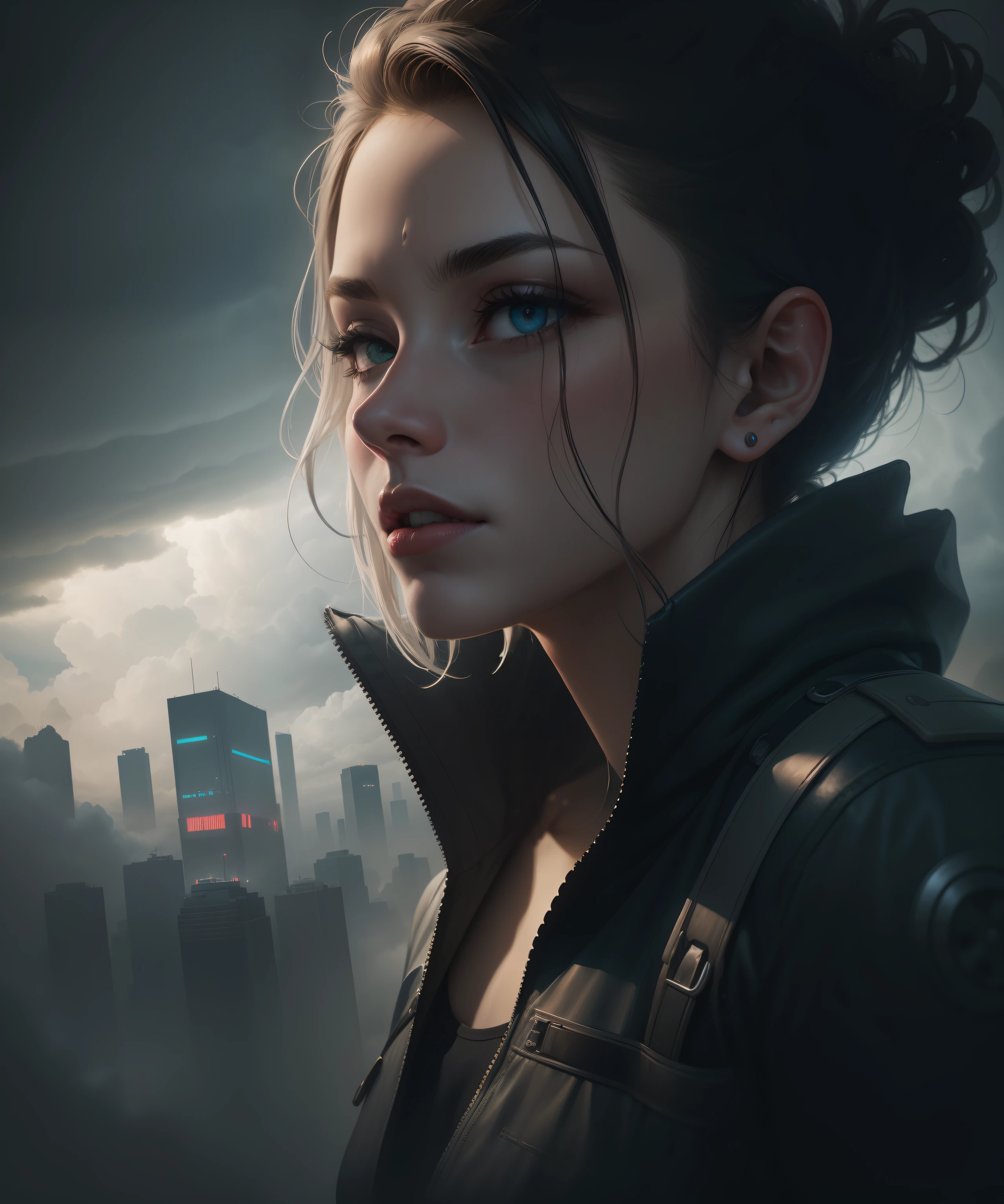 cyberpunk [foggy cityscape in the distance : very pretty girl, city:0.33] immersed in a giant flow of wind, living in a thunder cloud, behind the cloud, (double exposure:1.3), photo by Brandon Woelfelmist, surreal dream, gray atmosphere, rainy day, dynamic, lut, hdr