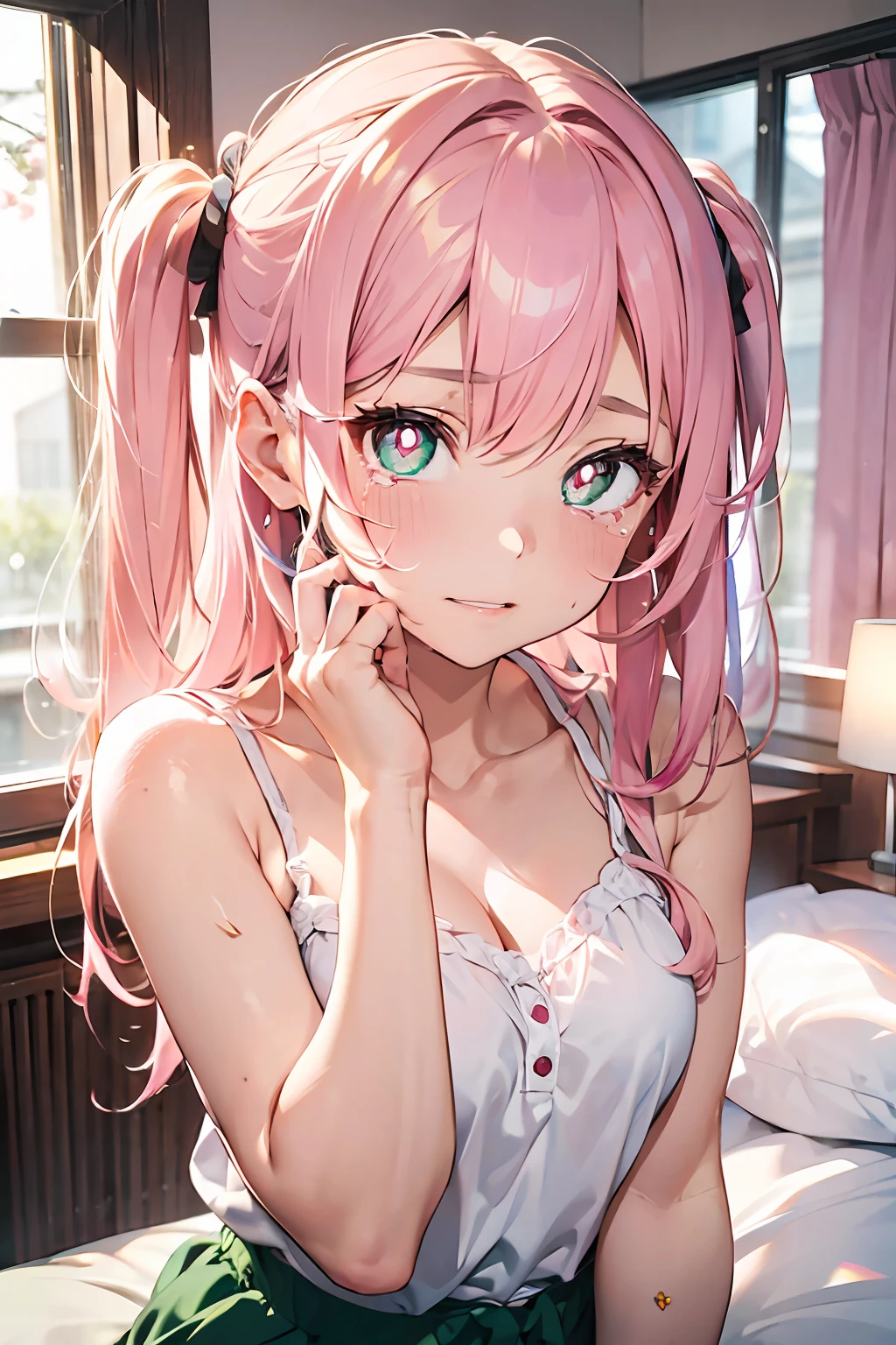 crying how bright、Tears、closing eye、Close your eyes(on the bed, Camisole )(((masutepiece))) fullllbody(1 girl)((Pink hair, Long hair,Straight hair,two side up)) (Green eyes),eyeshadows, eye line,gloweyes, ultradetailed eyes, intricate eyes, Beautiful eyes, ((Glowing pink pupils))a 18 year old girl、hands on one's face