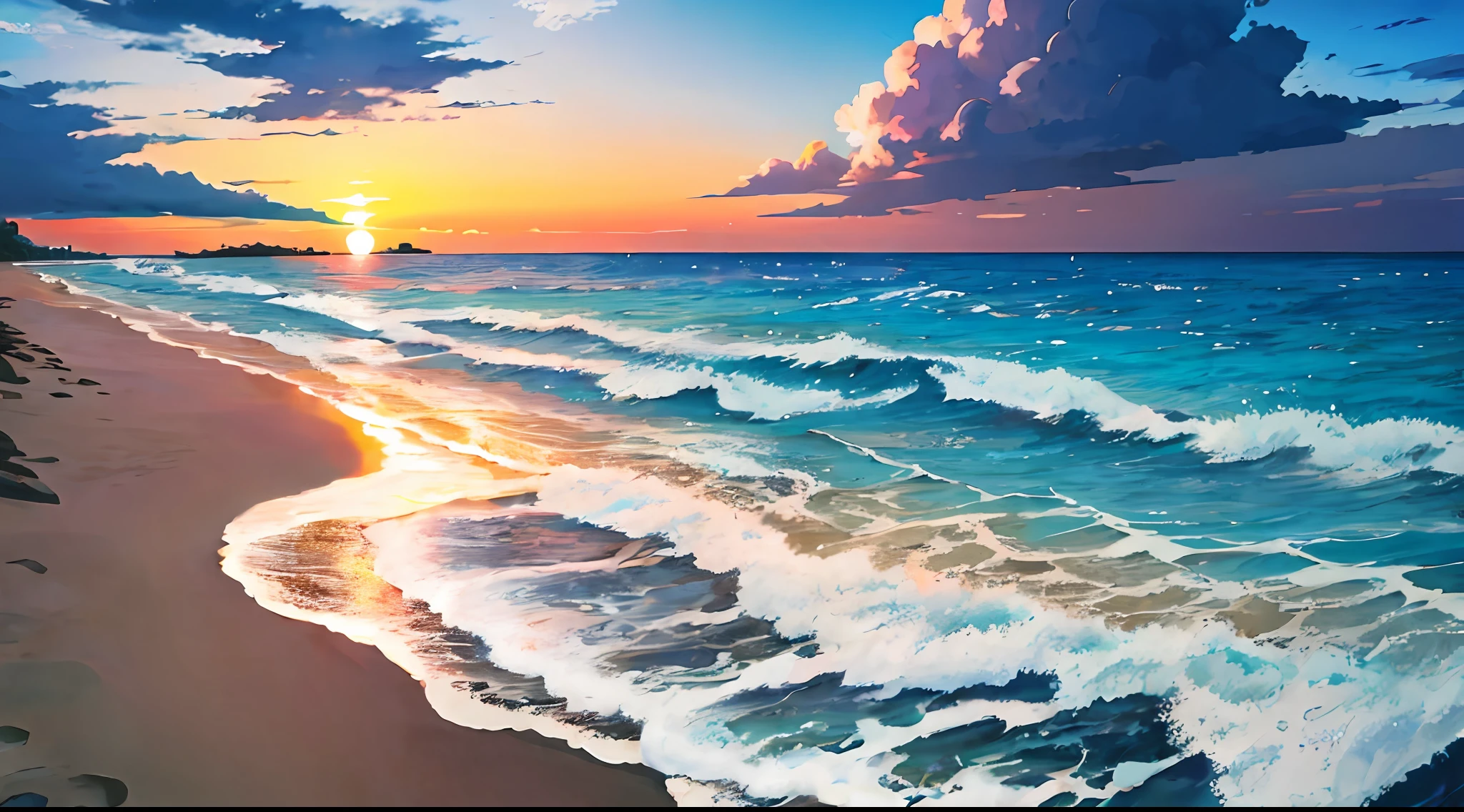 anime: Scenery of a beautiful beach with waves in the sea, com o por do Sol ao fundo.