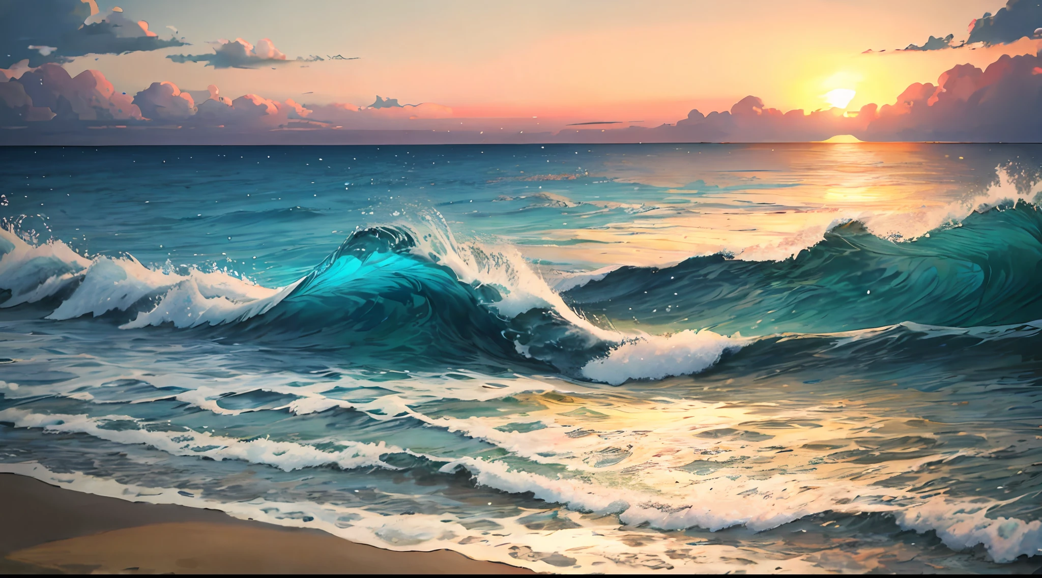 anime: Scenery of a beautiful beach with waves in the sea, com o por do Sol ao fundo.
