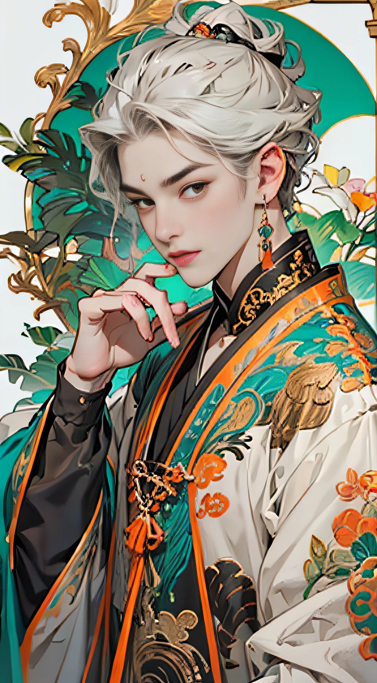 green color:1.5,Orange:1.1,white colors:1.3,amarelo:1.3,（Handsome idol male star, silber hair), Fashionable clothing, Charming eyes，Black forbidden style，Abstract line and circle background，high qulity，Ultra-clear details，tmasterpiece，Works of masters，winning artwork，8K