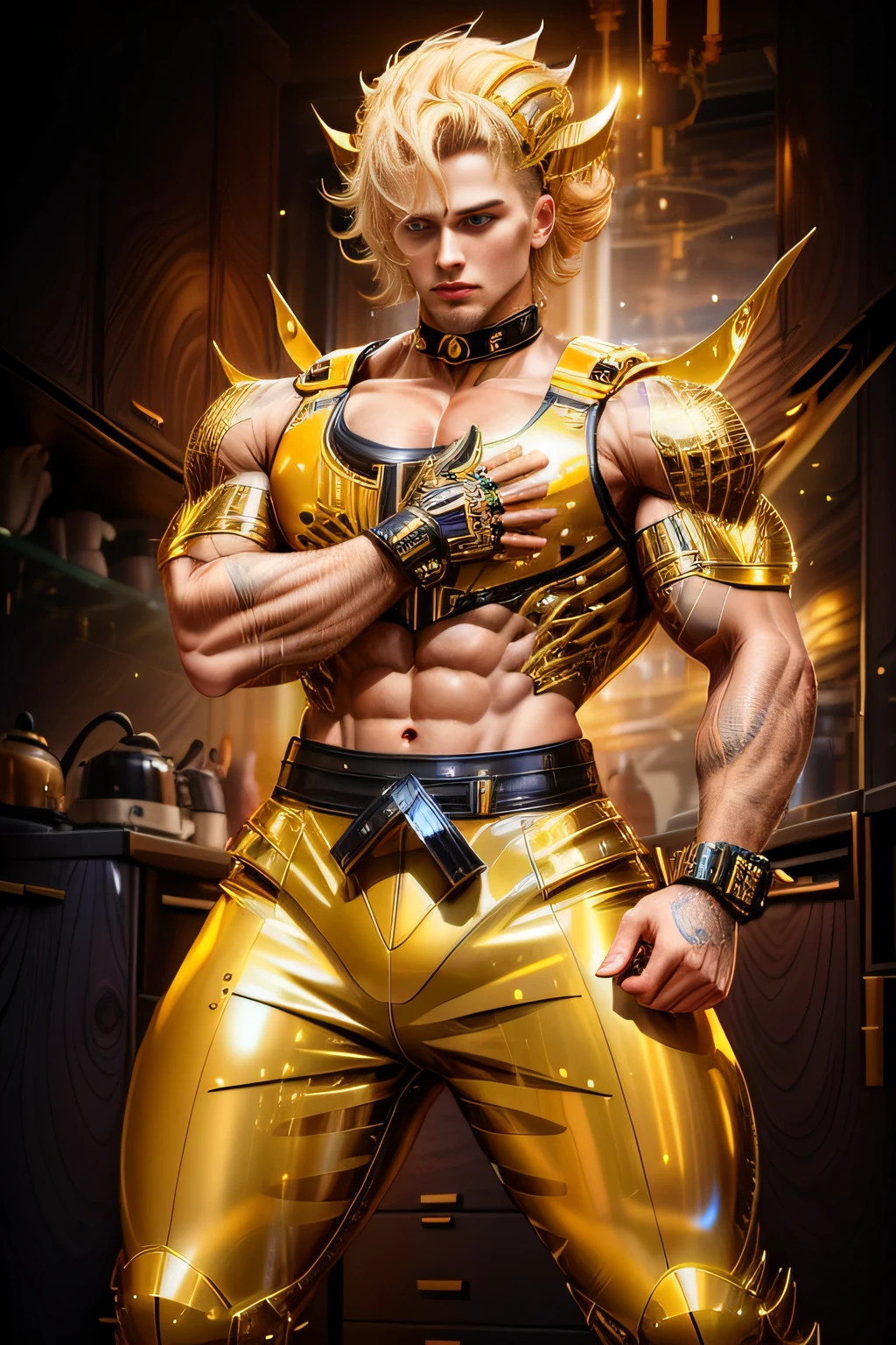 Blonde woman in latex outfit posing in kitchen with yellow light, inspirado em Hedi Xandt, cyberpunk glossy latex suit, inspirado em Zoltan Boros, huge glistening muscles, futuristic glossy latex suit, Uniforme preto dourado, mulher nobre ciborgue, clothed in sci-fi military armor, Armadura preta e dourada, wearing shiny breastplate, wearing black latex outfit