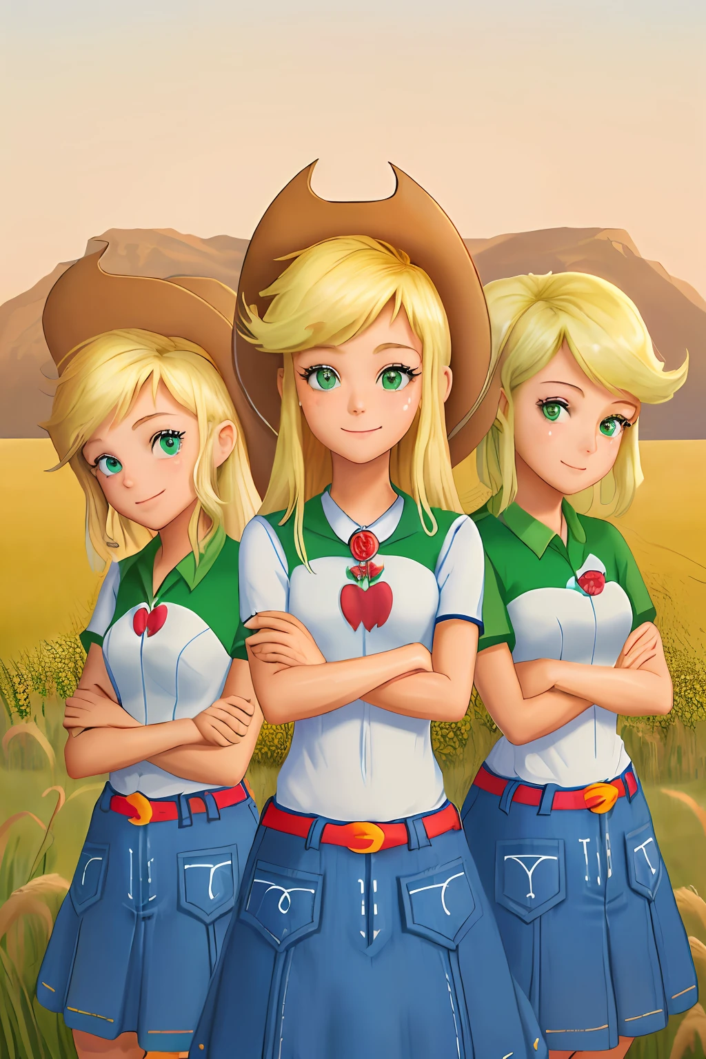 (masterpiece, best quality:1.2), trio, 3girls, identical triplets, clones, cowboy shot, mlpapplejack, smile, looking at viewer, crossed arms, low-tied long hair, cowboy hat, shirt, short sleeves, denim skirt, wheat field