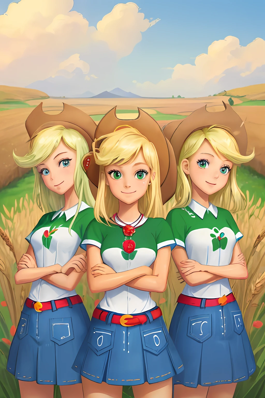 (masterpiece, best quality:1.2), trio, 3girls, identical triplets, clones, cowboy shot, mlpapplejack, smile, looking at viewer, crossed arms, low-tied long hair, cowboy hat, shirt, short sleeves, denim skirt, wheat field