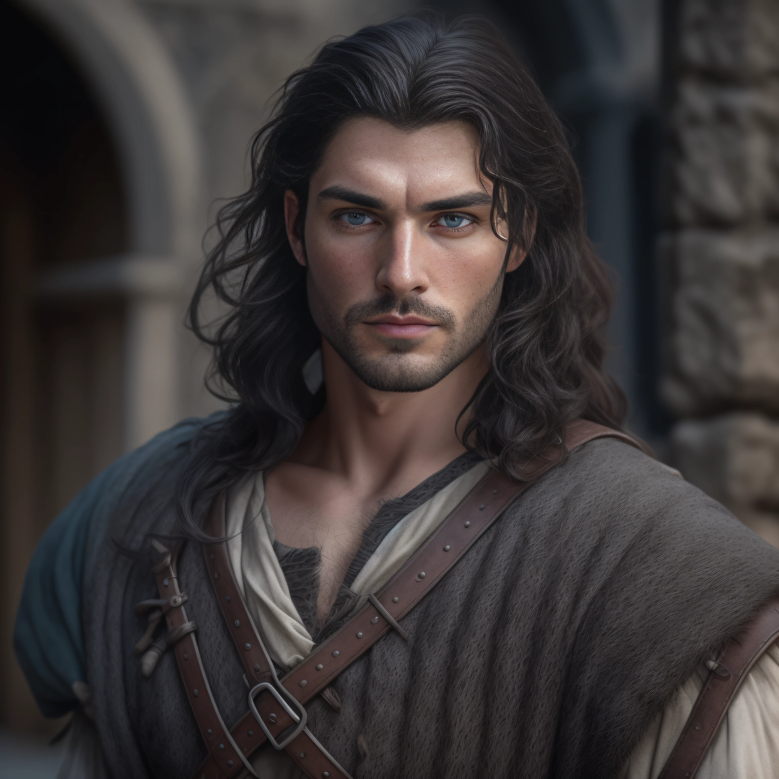 cinematic, photo, head and shoulder portrait photo, 1man, solo, 30 years old medieval fantasy male adventurer, pale skin, very long wavy shabby black hair, incredible grey eyes, long curved eyebrows, short beard, medieval fantasy adventurer clothes, intense look, ugly but fascinating, in a big medieval city, Canon EOS 5D Mark IV, historical, fantasy, hyper detailed, accurate textures, realistic, skin pores