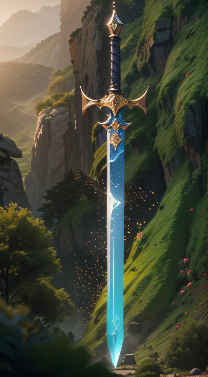 Excalibur，（（（The body of the sword is wrapped with red and blue particle effects：1.3））），Sharp sword body，（The sword body is symmetrically ornamented：1.3），The tip of the dangling sword is downward，（Excalibur's entire body is centered：1.3），Mid-range close-up，（Overall silhouette：1.3），Fantastic ancient Chinese landscape，Ultra photo realsisim，super-fine，8K,Premium wallpapers，Highest image quality，3D,C4D,Master masterpieces，octaneratingrendering