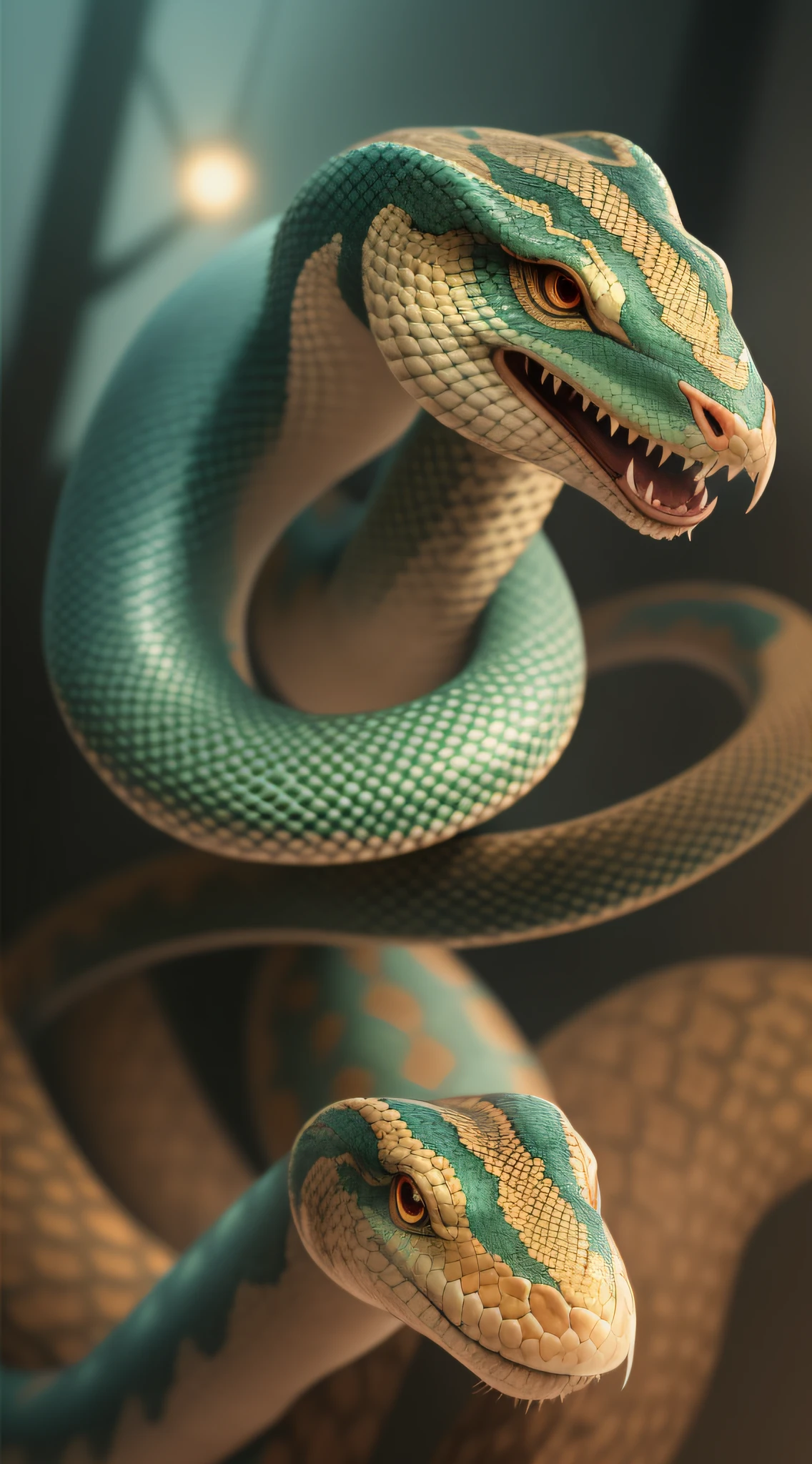 Mythical serpents, snakes, aggressive, basilisk, mysterious, hyper-realistic, photo-realistic, 8k, bold colours, light streaks, dynamic composition, Canon EOS R5, Canon RF 85mm f/1.8L IS USM, ISO 300, shutter speed 1/100, F/2.8, colour grading, volumetric lighting, soft shadows, high resolution, intricate details