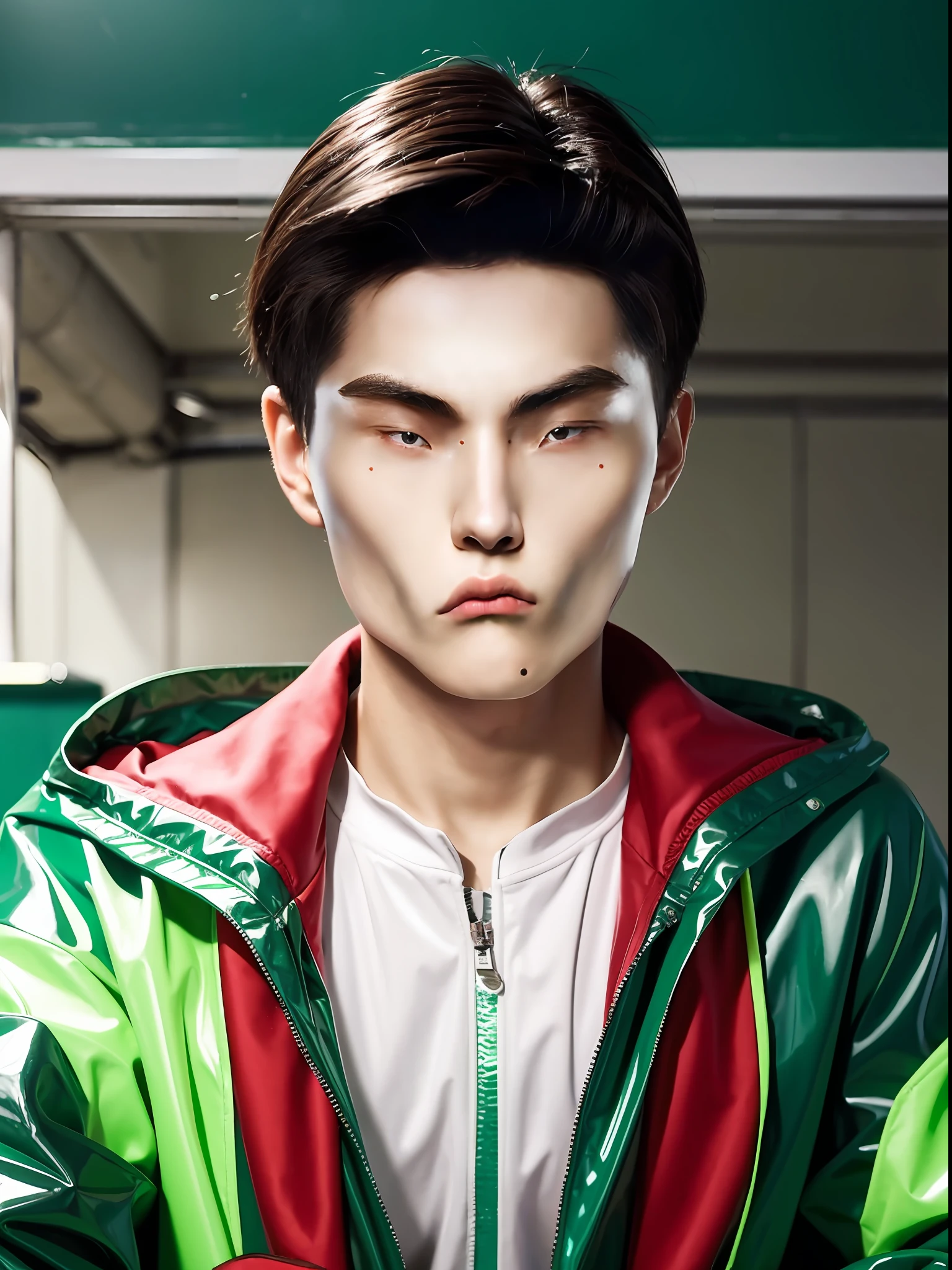 A Chinese male high school student,Standing in a classroom wearing a green PVC tracksuit