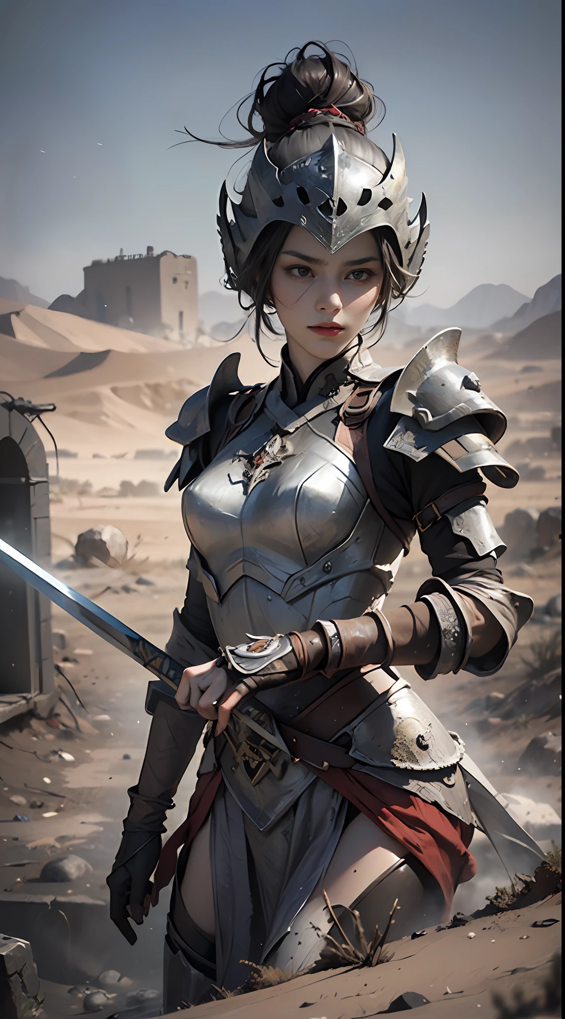 8k wallpaper，ultra - detailed，rich details​，ultraclear，8K,，Best quality at best，best qualtiy，mistic，1 female warrior，Black armor，Ancient Chinese general armor，（（（Sword in hand））），facing to audience，(((A withered battlefield，废墟，run-down,Wasteland，barren，A desert)))，Sadness outside，battlefiled，ancient battle field，，（（the night，Dimly lit，Dark 1.3）），Bust composition