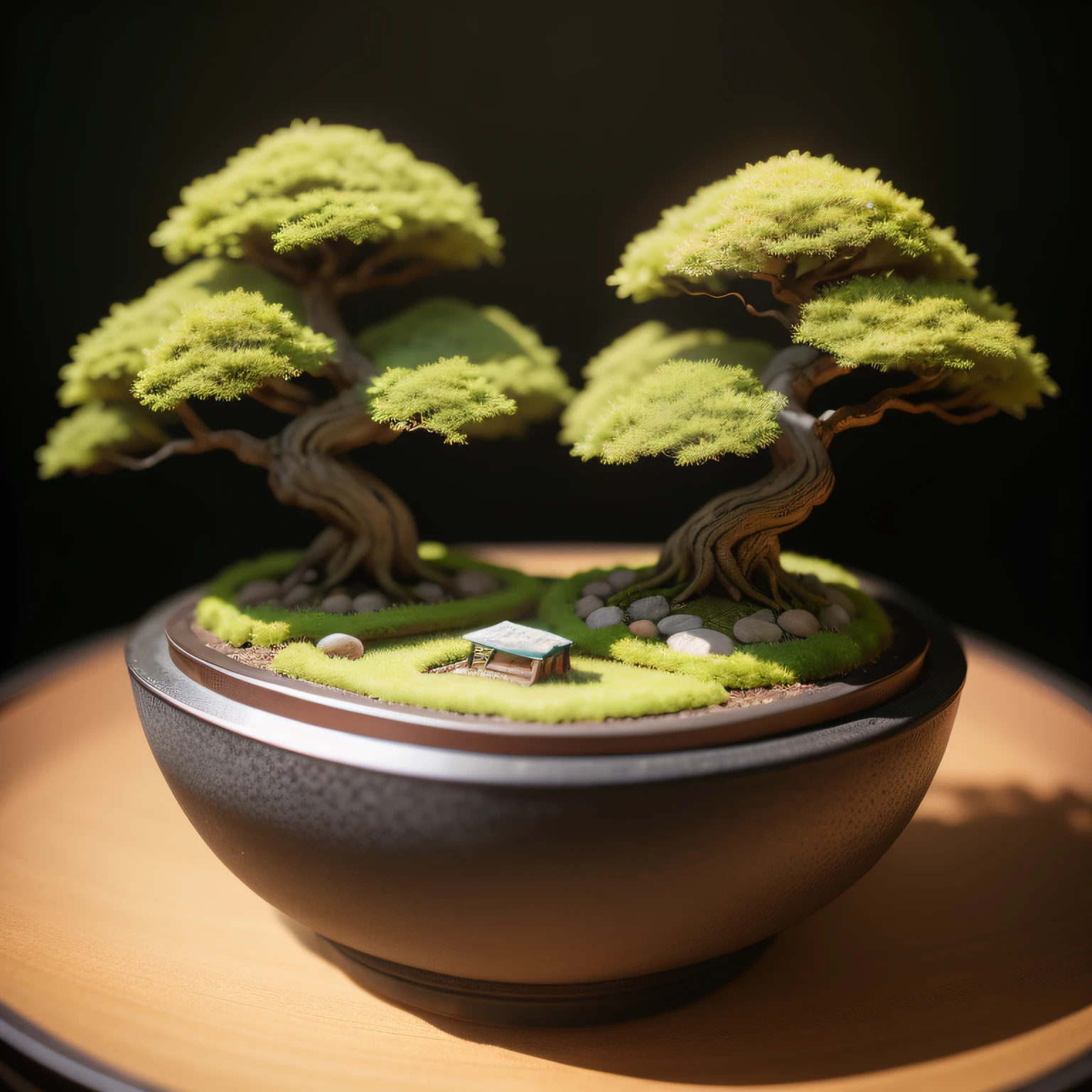 Miniature Bonsai landscape with dolls on top of Realistic, Photography, Studio lighting, shot by Phase One camera, HDR clarity detail, Hyperfocal length, 8K, Ultra Realistic
