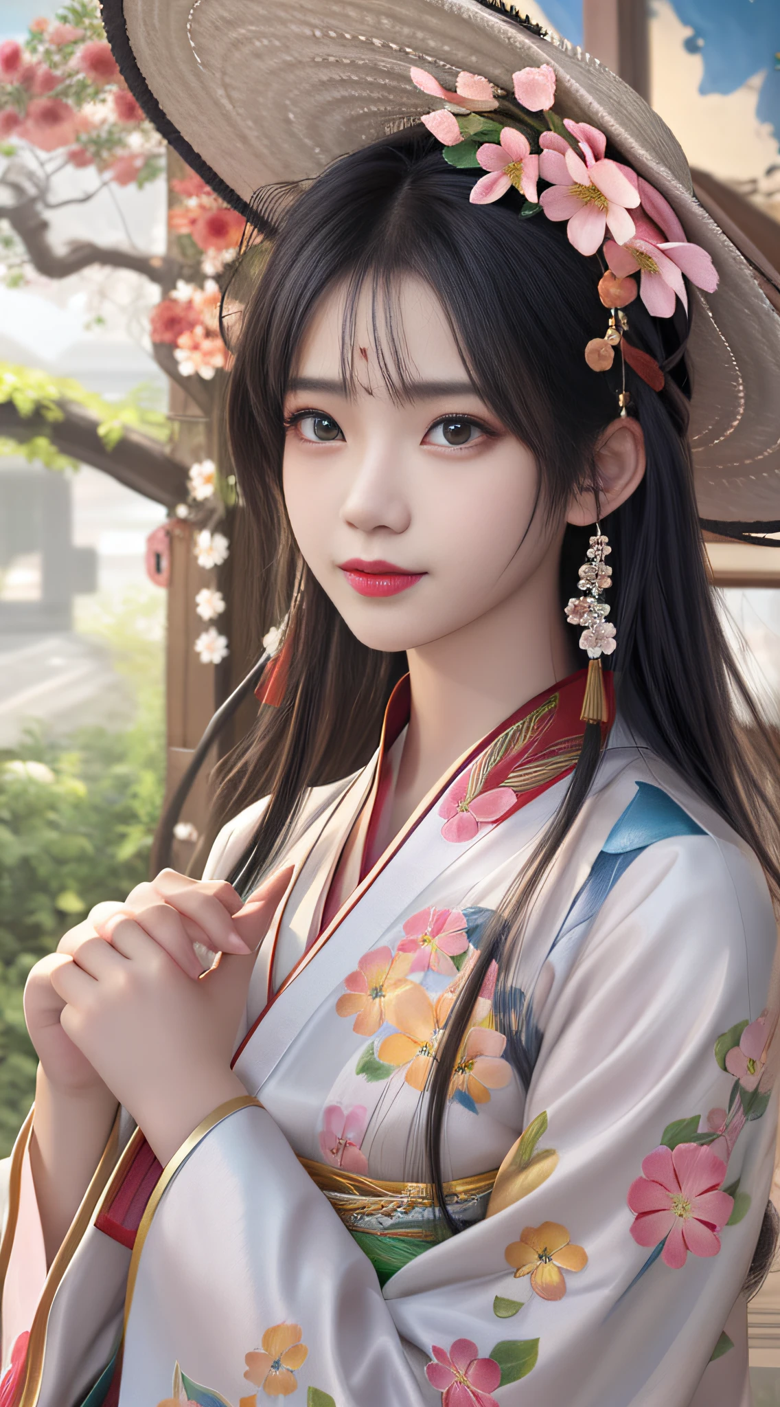 Allard Asian woman in white hat and floral dress, Guviz-style artwork, Palace ， A girl in Hanfu, Guviz, trending on cgstation, Beautiful character painting, Guweiz in Pixiv ArtStation, Guweiz on ArtStation Pixiv, Chinese girl, Beautiful digital artwork, guweiz masterpiece