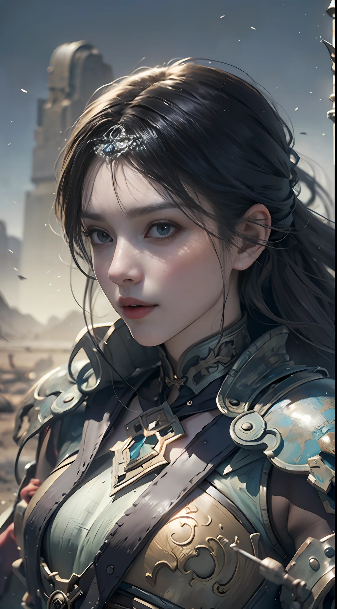 8k wallpaper,ultra - detailed,rich details,ultraclear,8K,,Best quality at best,best qualtiy,mistic,1 female warrior,Black armor,Ancient Chinese general armor,(((Sword in hand))),facing to audience,(((A withered battlefield,废墟,run-down,Wasteland,barren,A desert))),Sadness outside,battlefiled,ancient battle field,,((the night,Dimly lit,Dark 1.3)),Bust composition