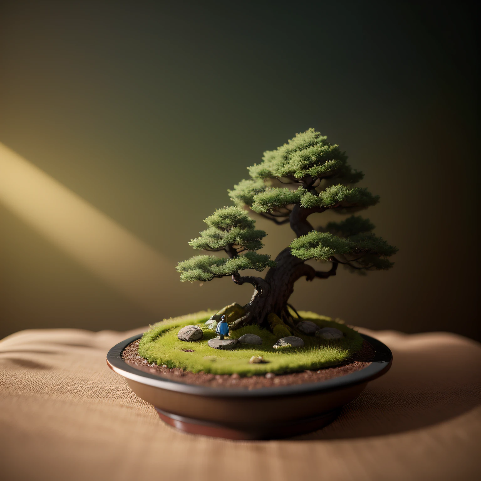 Miniature Bonsai landscape with dolls on top of Realistic, Photography, Studio lighting, shot by Phase One camera, HDR clarity detail, Hyperfocal length, 8K, Ultra Realistic