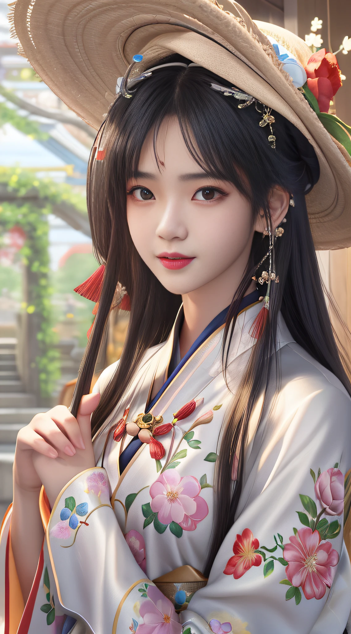 Allard Asian woman in white hat and floral dress, Guviz-style artwork, Palace ， A girl in Hanfu, Guviz, trending on cgstation, Beautiful character painting, Guweiz in Pixiv ArtStation, Guweiz on ArtStation Pixiv, Chinese girl, Beautiful digital artwork, guweiz masterpiece