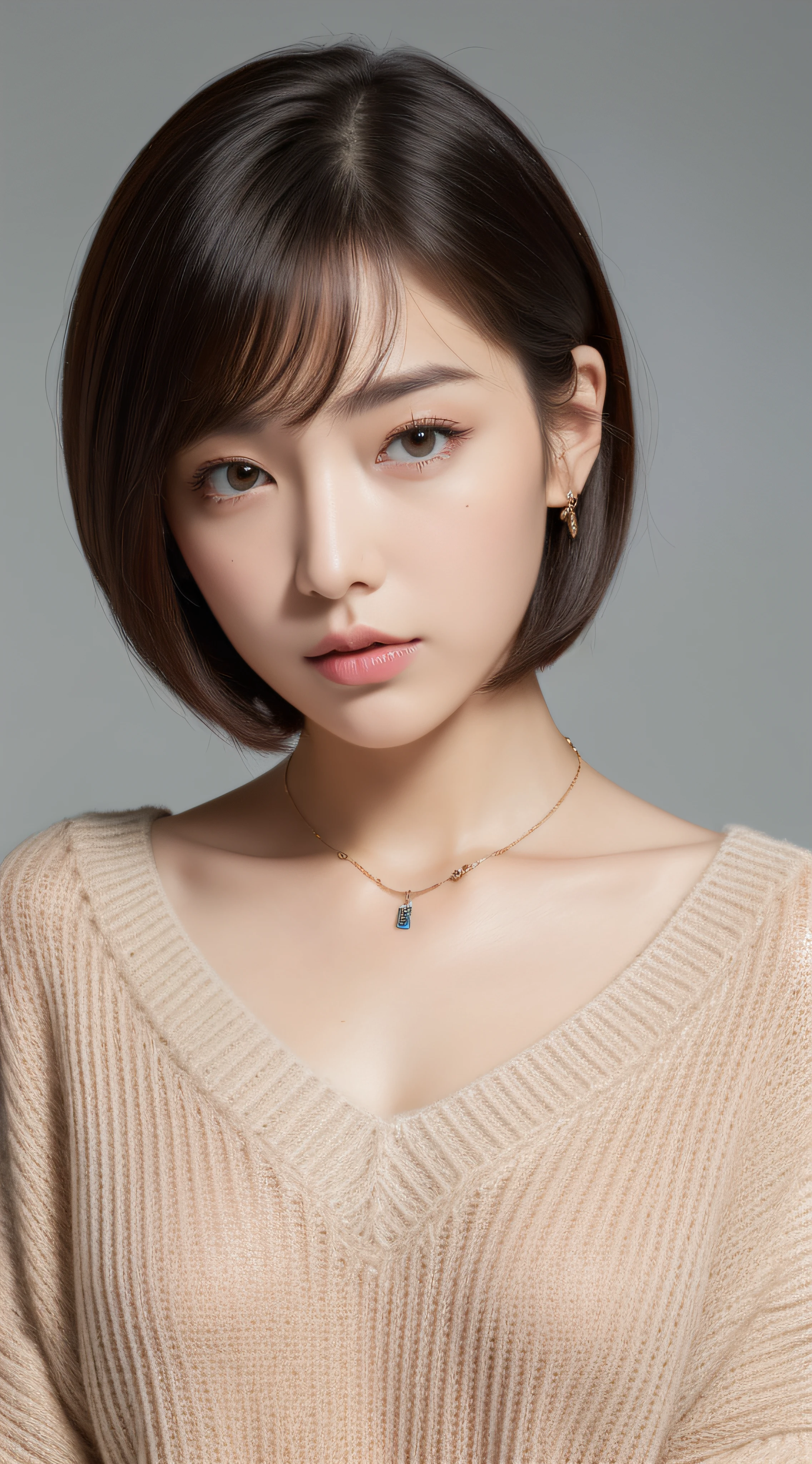 (Best quality, 8k, 32k, Masterpiece, UHD:1.2),Photo of Pretty Japanese woman, large breasts, very short bob hair,upper body,face focus,oversized_sweater, necklace, simple background, from above, looking at viewer,