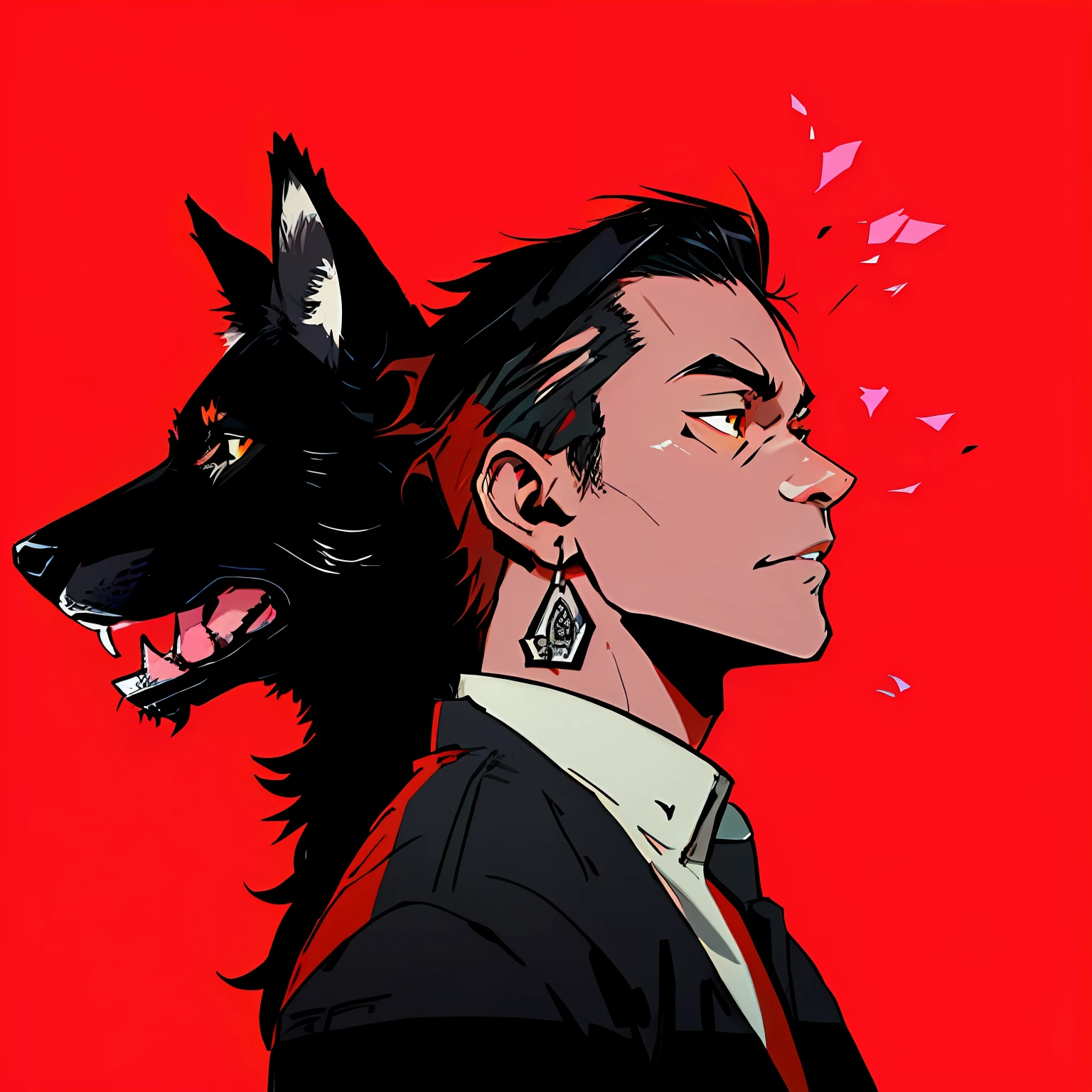 Close-up of a man with a wolf dog on his shoulder, akira art style, trigger anime artstyle，Red and black color scheme，Men and wolf dogs back to back