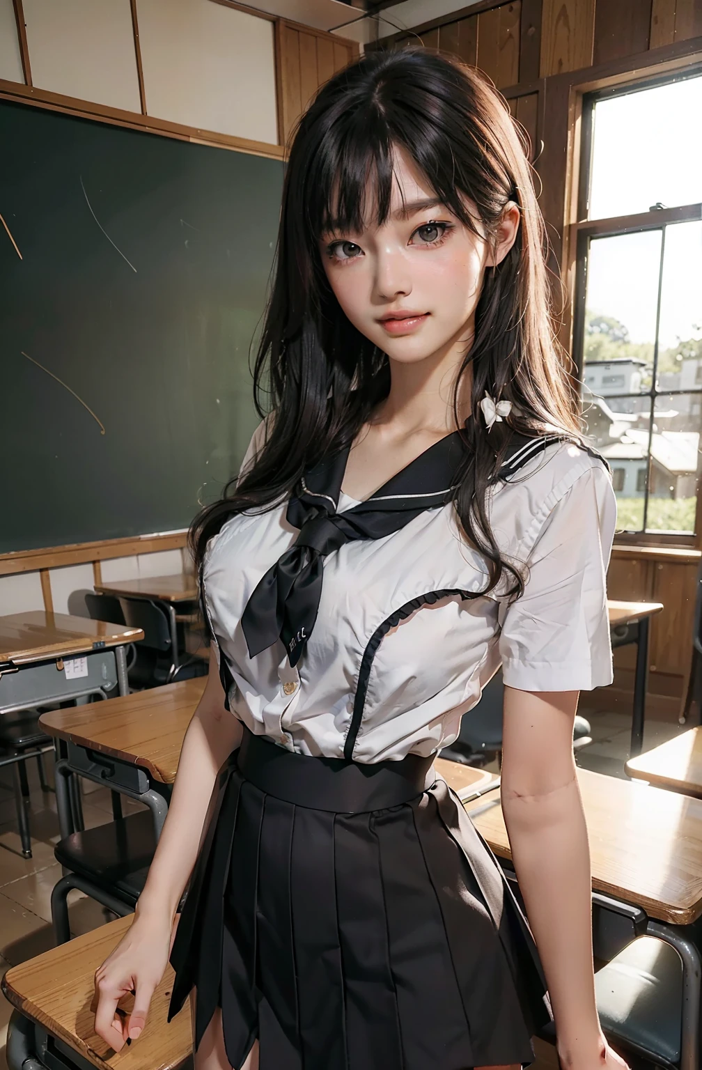 top-quality、masterpiece、超A high resolution、(Photorealsitic:1.4)、Raw photo、1人、Brown hair with bangs、drooing eyes、thin-waist、Colossal tits、Japan schoolgirl sailor suit、Black skirt、Inside the classroom、slim figure、Light smile with visible teeth