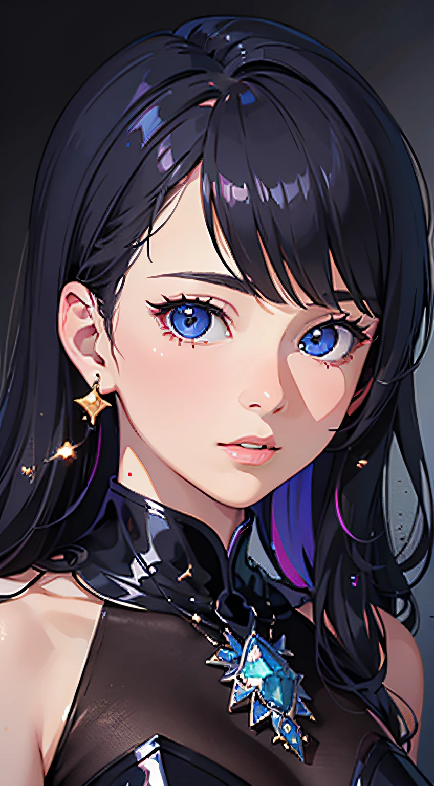 Pixiv artwork, exquisite (live-action realistic style), extreme face, blow-bombable skin, photorealistic light and shadow, starry eyes, seven-colored hair, shiny jewelry, colorful paint splashed background, dressed fashion, upper body out of the country, shoulders, front, beautiful, extremely high quality, cinematic picture