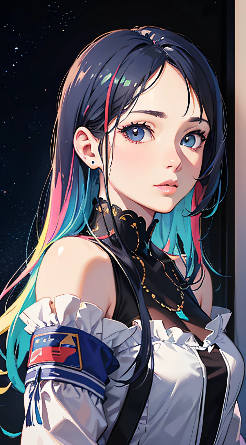 Pixiv artwork, exquisite (live-action realistic style), extreme face, blow-bombable skin, photorealistic light and shadow, starry eyes, seven-colored hair, shiny jewelry, colorful paint splashed background, dressed fashion, upper body out of the country, shoulders, front, beautiful, extremely high quality, cinematic picture