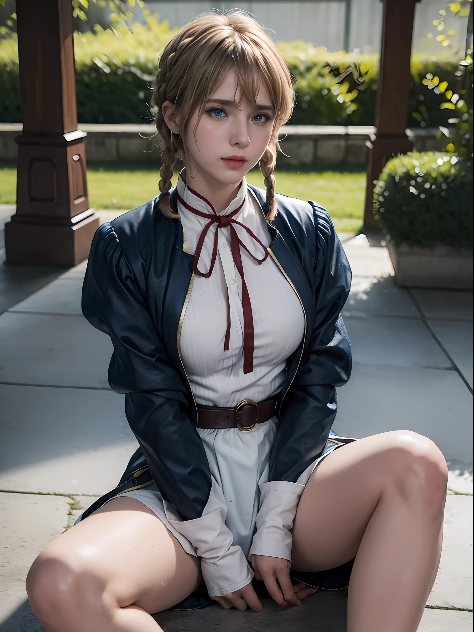 violet_evergarden, blue_eyes, blonde hair, blue eyes, hair ribbon, ribbon, short hair, braids, hair braids, red ribbon, mature female, blue jacket, brown gloves, cropped jacket, dress, gloves, green brooch, jacket, juliet sleeves, long sleeves, puffy sleeves, Moaning in pain, feeling pain, tears flowing, sore, crying in pain, bust botox, hans over the crotch, sleeping beauty lying on her back, wet skin and hair, hard breasts, erotic smile, erotic eyes, Wide open legs, Raised legs, White costume, semi-undressed, wet clothes, wet body, thin-skinned clothes, clothes with visible tips of breasts, sweat, breasts protruding from clothes, clothes with sheer tummy, under breasts, embarrassing, blush, show off, cleavage, sit on the floor, full body, breast focus, (spread legs:0.8), (realism:1.2), (masterpiece:1.2), (best quality), (ultra detailed), (8k, intricate), (85mm), light particles, lighting, (detailed eyes:1.2), (detailed face:1.2), (highly detailed:1.2), (dynamic angle:1.2), (gradients), colorful, daylight,
