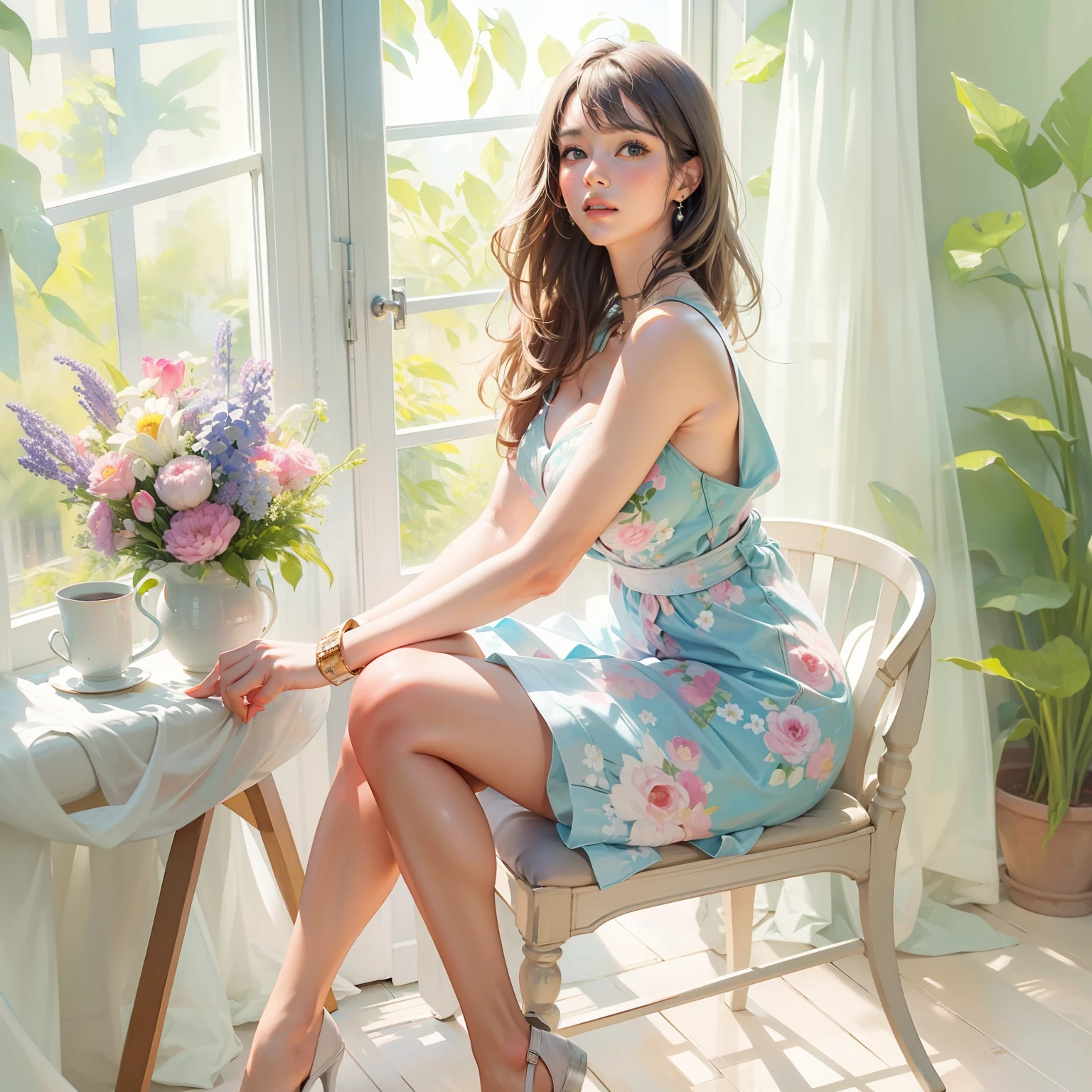 (best quality), (masterpiece), (1girl), solo, beautiful girl, perfect face, perfect body, big breast, sexy dress, indoor, sitting on the chair, watercolor, posing like model, unfinish, simple background, full body portrait, sunny window, pastel color, Monet style color