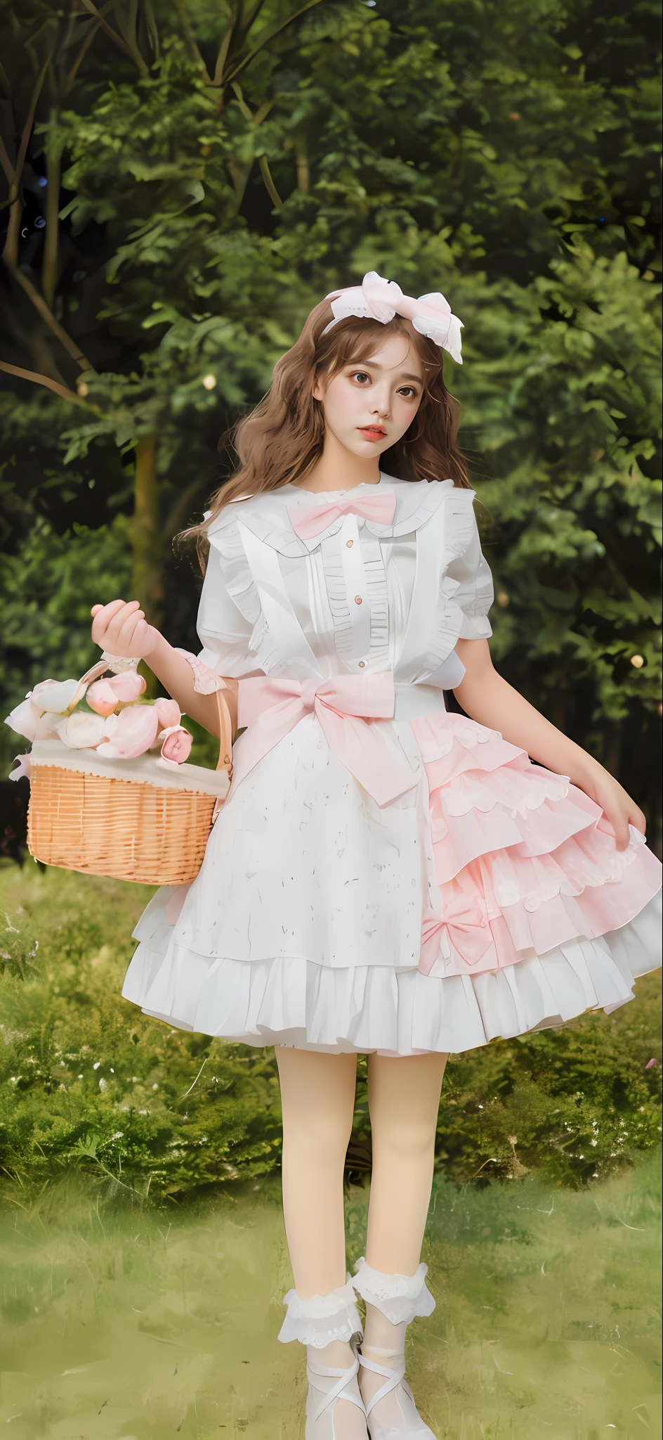 Arapei girl in white dress and pink bow holding basket, rococo ruffles dress, ta style, loliashion, frilly outfit, Rococo dress, Maid dress, Maid outfit, Dreamy style, frilled blooming collar, Loli, coy of a catboy! maid! dress, fairy core, Kawaii style, portrait of magical lolita girl