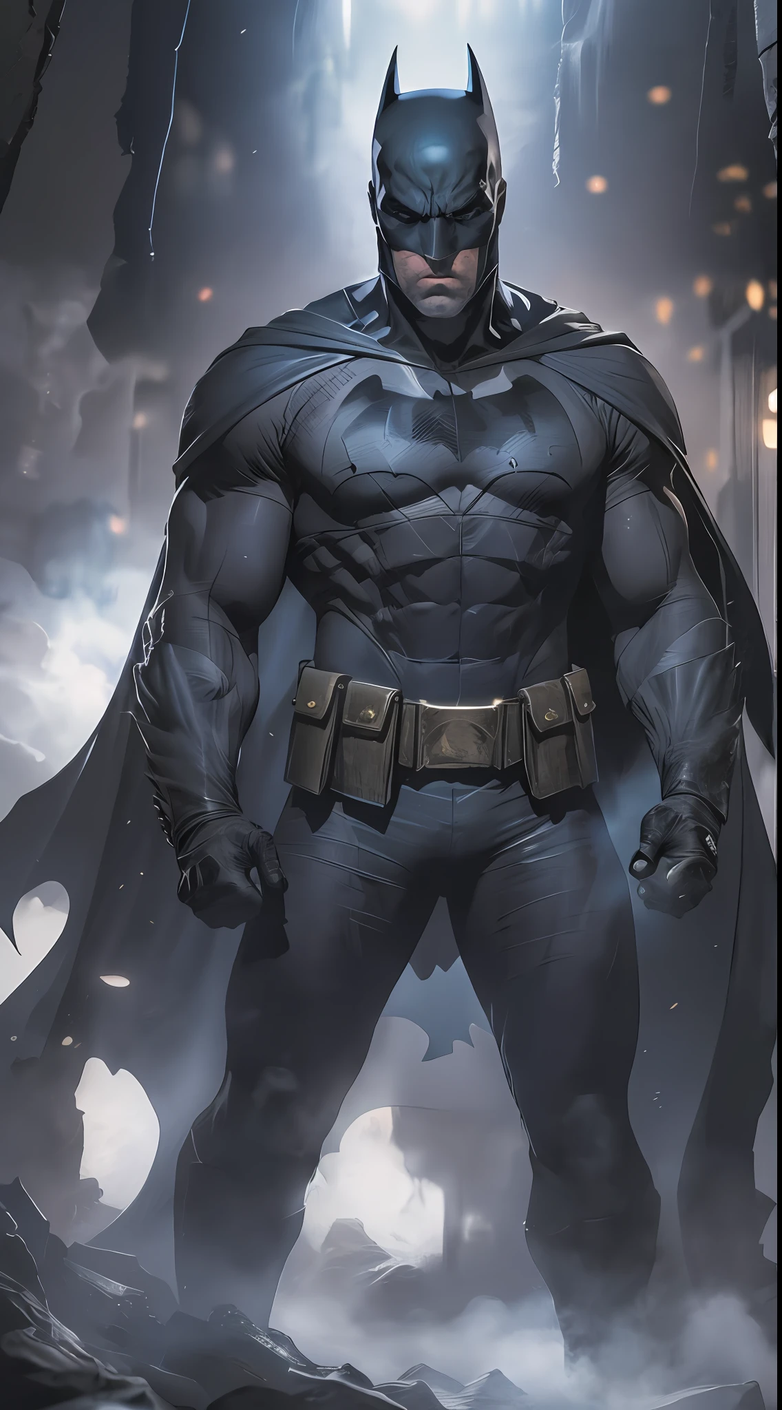 1 man, solo, upper body shot of Ben Affleck as Batman, tall, hunk, muscular, bulk, wide shoulder, realistic, dark grey mask, dark dirty grey suit, dark grey arms, black gloves, best quality, masterpiece, high resolution:1.2, black cape, high detailed mask, high detailed suit, high detailed face, award winning, night time, a dark cave in the background, indoors, 4k, wallpaper