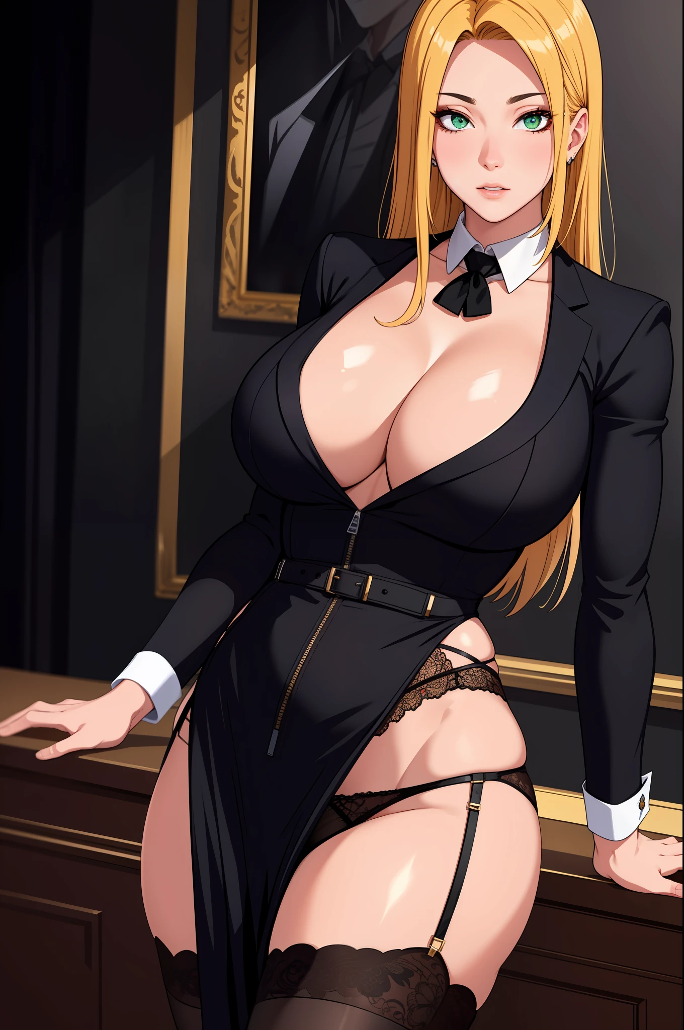 （tmasterpiece，A high resolution，best qualtiy：1.2），8K，highly  detailed，复杂，rich colourful，vibrant image，Clear focus，cinematic ligh） blond hairbl，long whitr hair，Green eyes，body builder （Wear black business attire，black_Collared shirt cropped jacket，tiese，tiese，Black frilled skirt，a garter belt，Leather belt） （Large, Perfect round breasts，Hourglass body，Big breasts Thin waist，Very thin waist， photograph realistic，（hyper realisitc：1）big breasts beautiful， tmasterpiece，Best quality at best，extremelydetailedface，s the perfect face，beauitful face，Perfect lighting，Detailed eye makeup，Details of the face，Nice detail eyes，pretty hand，perfect hand，glowing light eyes（realistic pupil，Realistic iris：1）Heavy eye makeup，（empty Casino）（Posing dynamically）pantiess