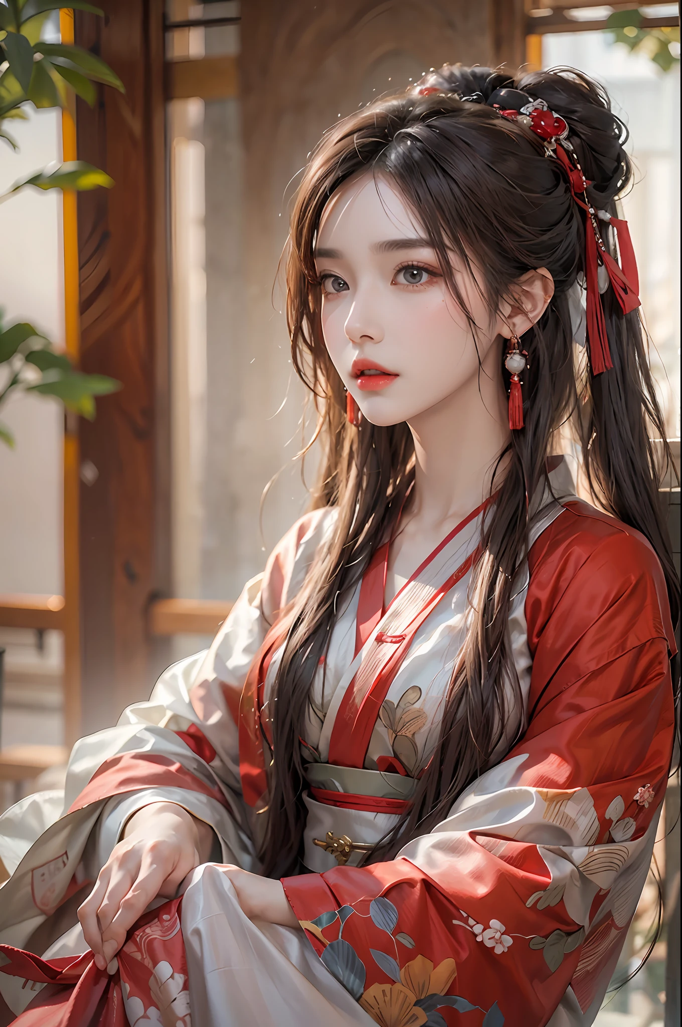 photorealistic, high resolution, 1 women, solo, hips up, beautiful eyes, long hair, red wedding hanfu, red dot on forehead chinese, gorgeous accessories, wearing pearl earrings
