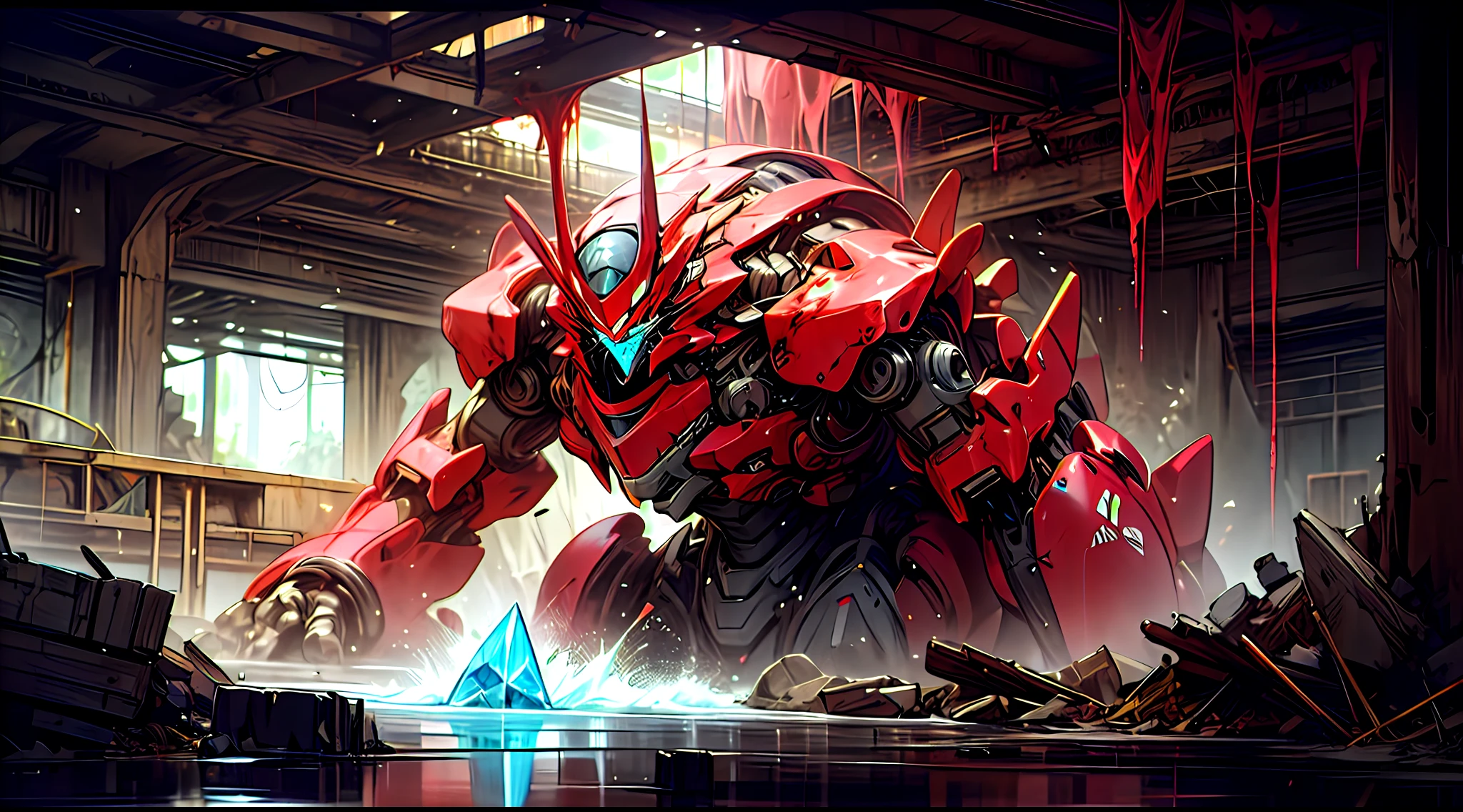 Crimson Titan Robot，Rock giant，Huge glowing crystal，Collapsed caves, Collapsed ruins, Blood, Flowing water