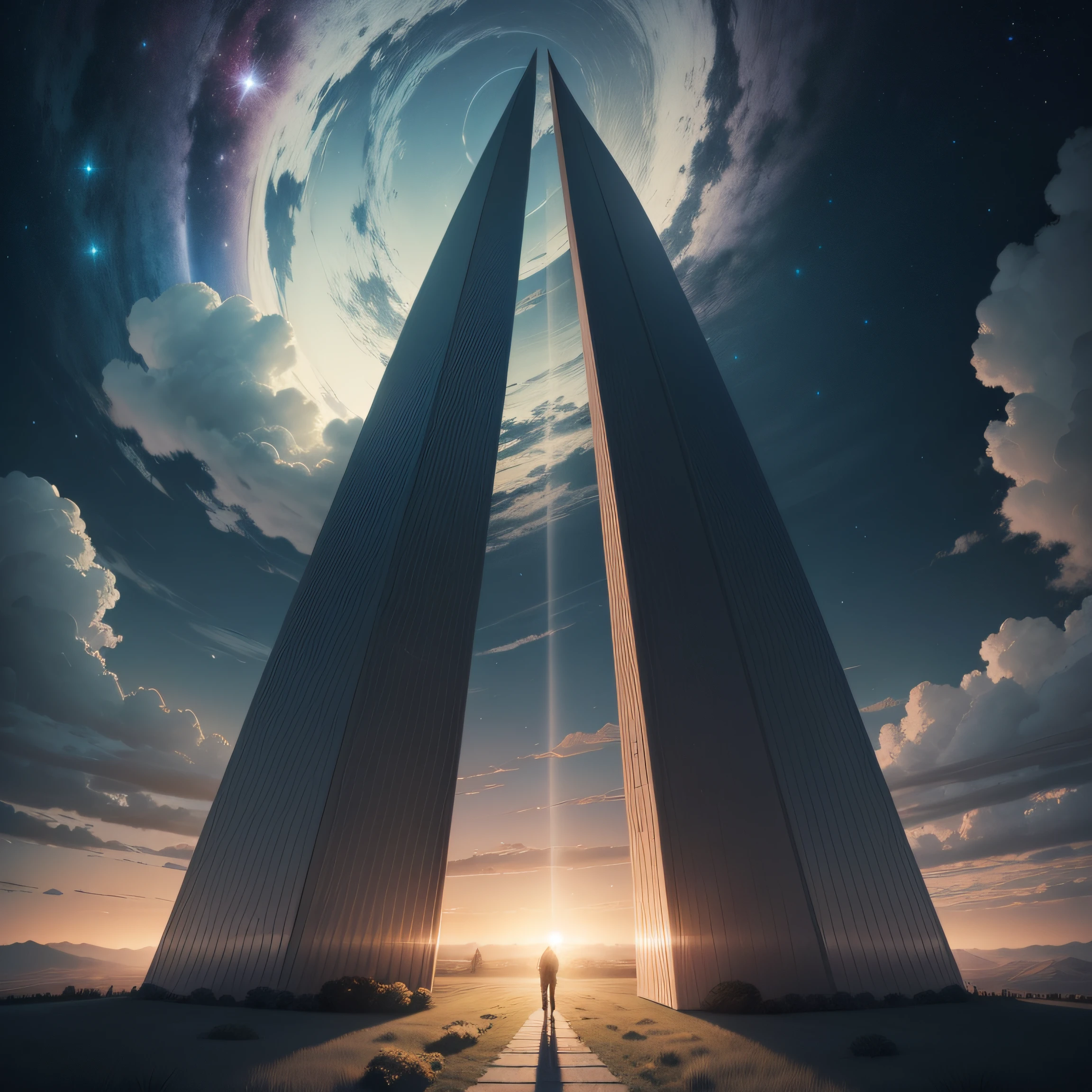 cielo con nubes corporeas por la noche, en perspectiva extrema, lente gran angular