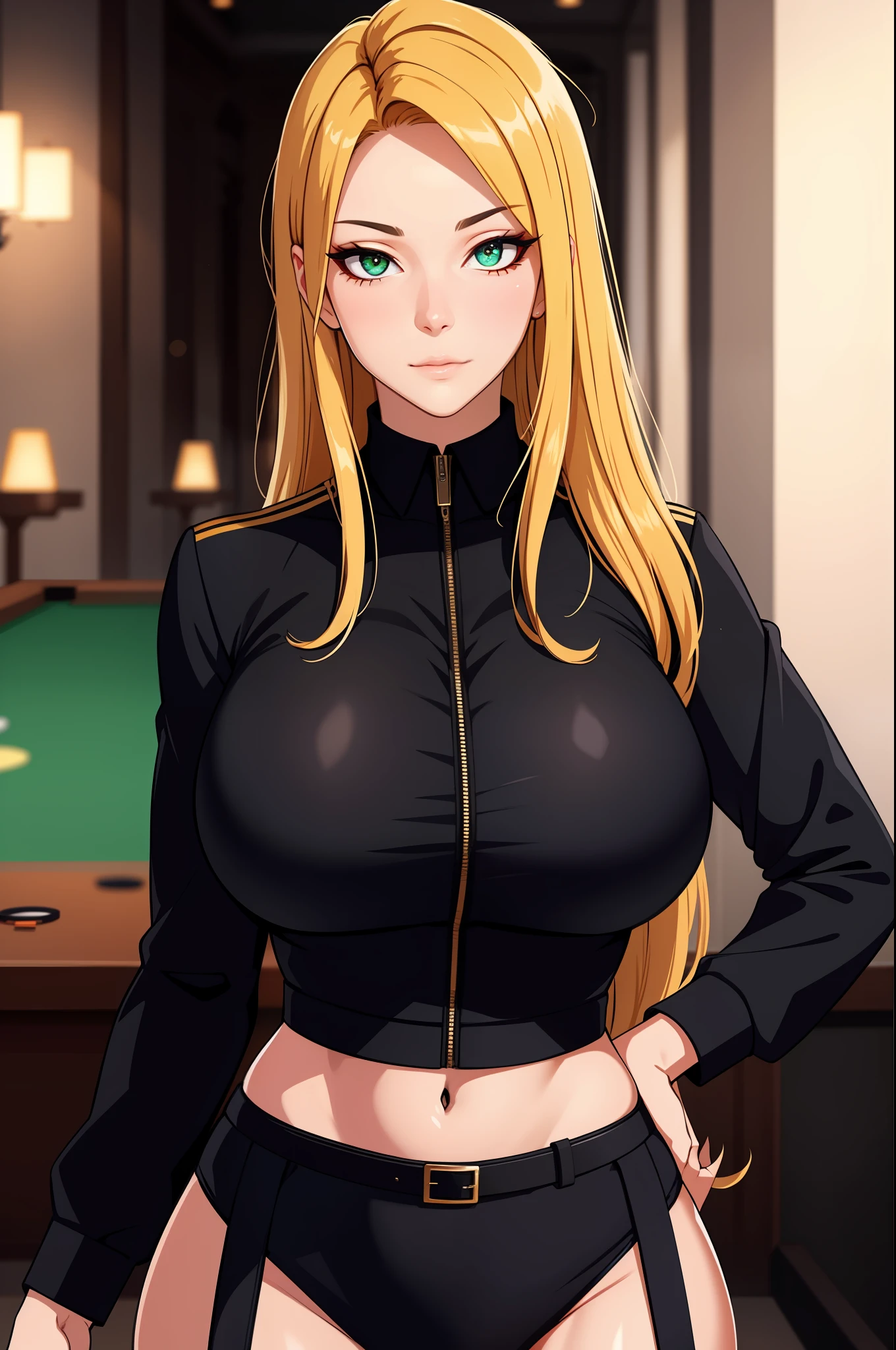 (tmasterpiece,A high resolution,best qualtiy:1.2),8K,highly detailed,复杂,rich colourful,vibrant image,Clear focus,cinematic ligh) blond hairbl,long whitr hair,Green eyes,body builder (Wear black business attire,black_Collared shirt cropped jacket,tiese,tiese,Black frilled skirt,a garter belt,Leather belt) (Large, Perfect round breasts,Hourglass body,Big breasts Thin waist,Very thin waist, photograph realistic,(hyper realisitc:1)big breasts beautiful, tmasterpiece,Best quality at best,extremelydetailedface,s the perfect face,beauitful face,Perfect lighting,Detailed eye makeup,Details of the face,Nice detail eyes,pretty hand,perfect hand,glowing light eyes(realistic pupil,Realistic iris:1)Heavy eye makeup,(empty Casino)(Posing dynamically)pantiess