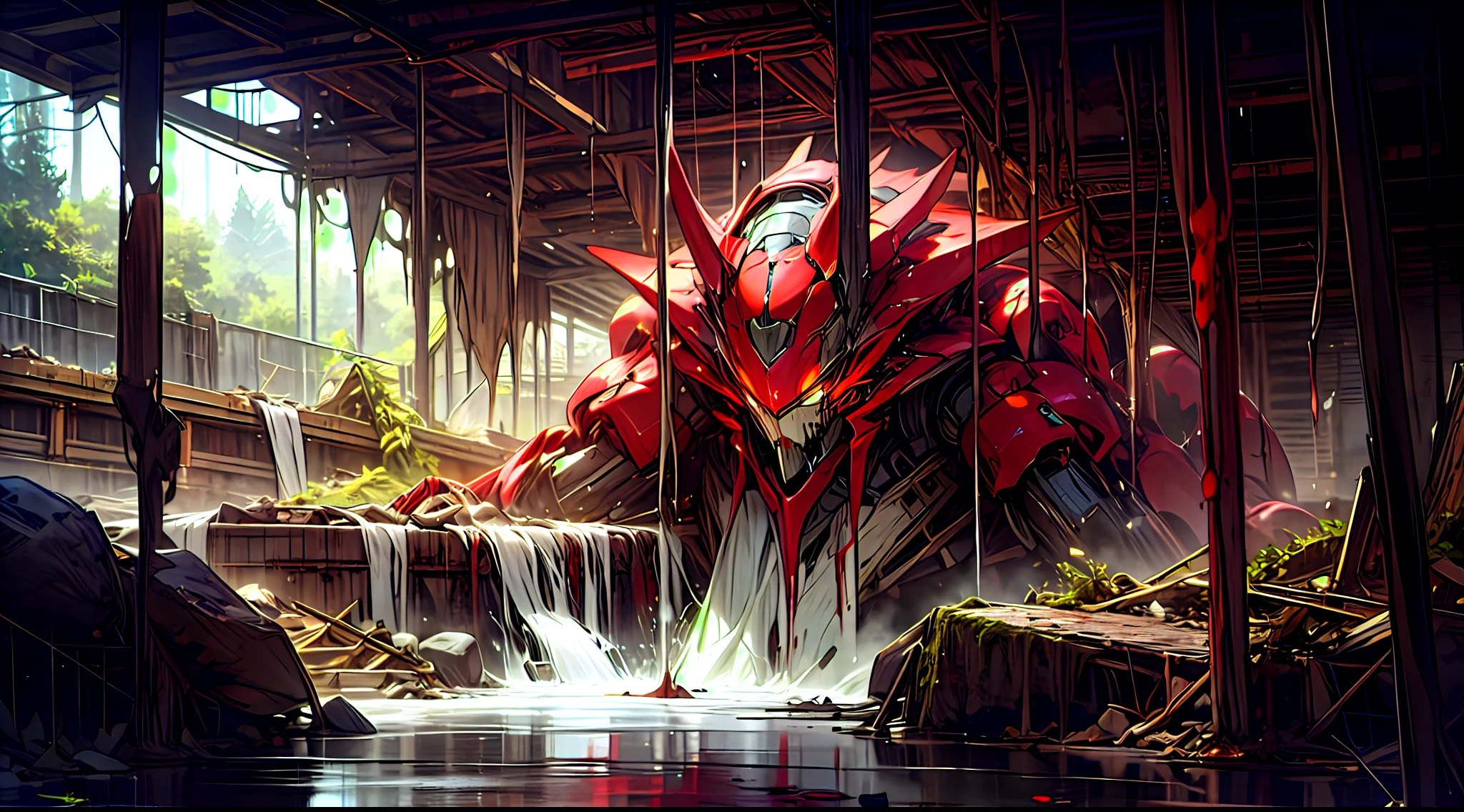 Crimson Titan Robot，Rock giant，Huge glowing crystal，Collapsed caves, Collapsed ruins, Blood, Flowing water