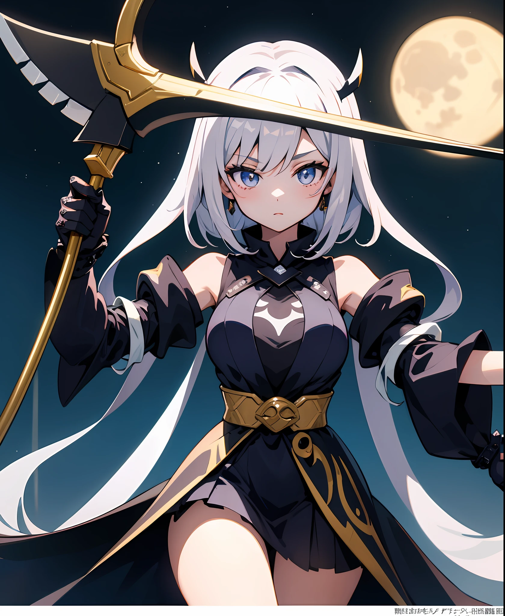 (masterpiece、top-quality、ultra-detailliert、Best Shadows)、细致背景、hight resolution、ultra-detailliert、((shinigami))、(girl1)、Beautiful hair、kawaii、executioner、((large Scythe)),livestream、Charisma Idol Pose、Detailed hand、perfect hand、intricate detailes、Moon Night