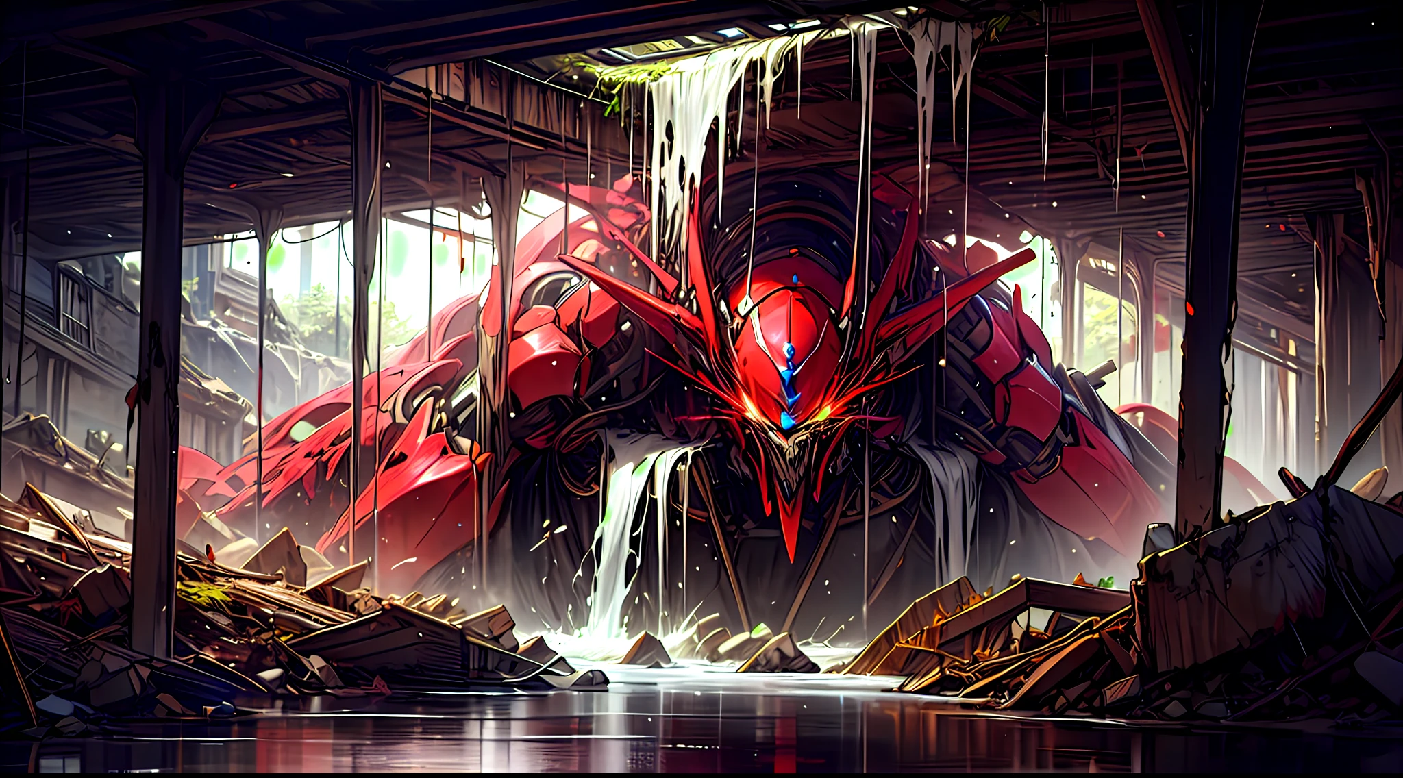Crimson Titan Robot,Rock giant,Huge glowing crystal,Collapsed caves, Collapsed ruins, Blood, Flowing water