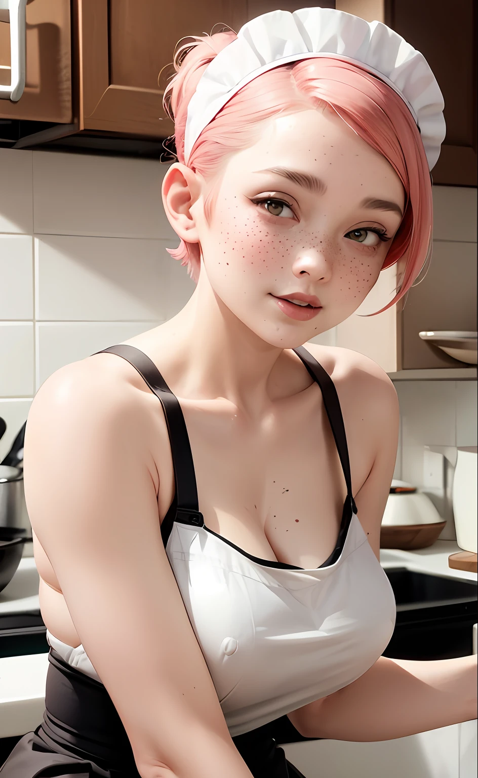 a closeup portrait of a playful maid 18 old age,undercut hair, apron, amazing body, pronounced feminine feature, busty, kitchen, [ash blonde | ginger | pink hair], freckles, flirting with camera, partial nudity