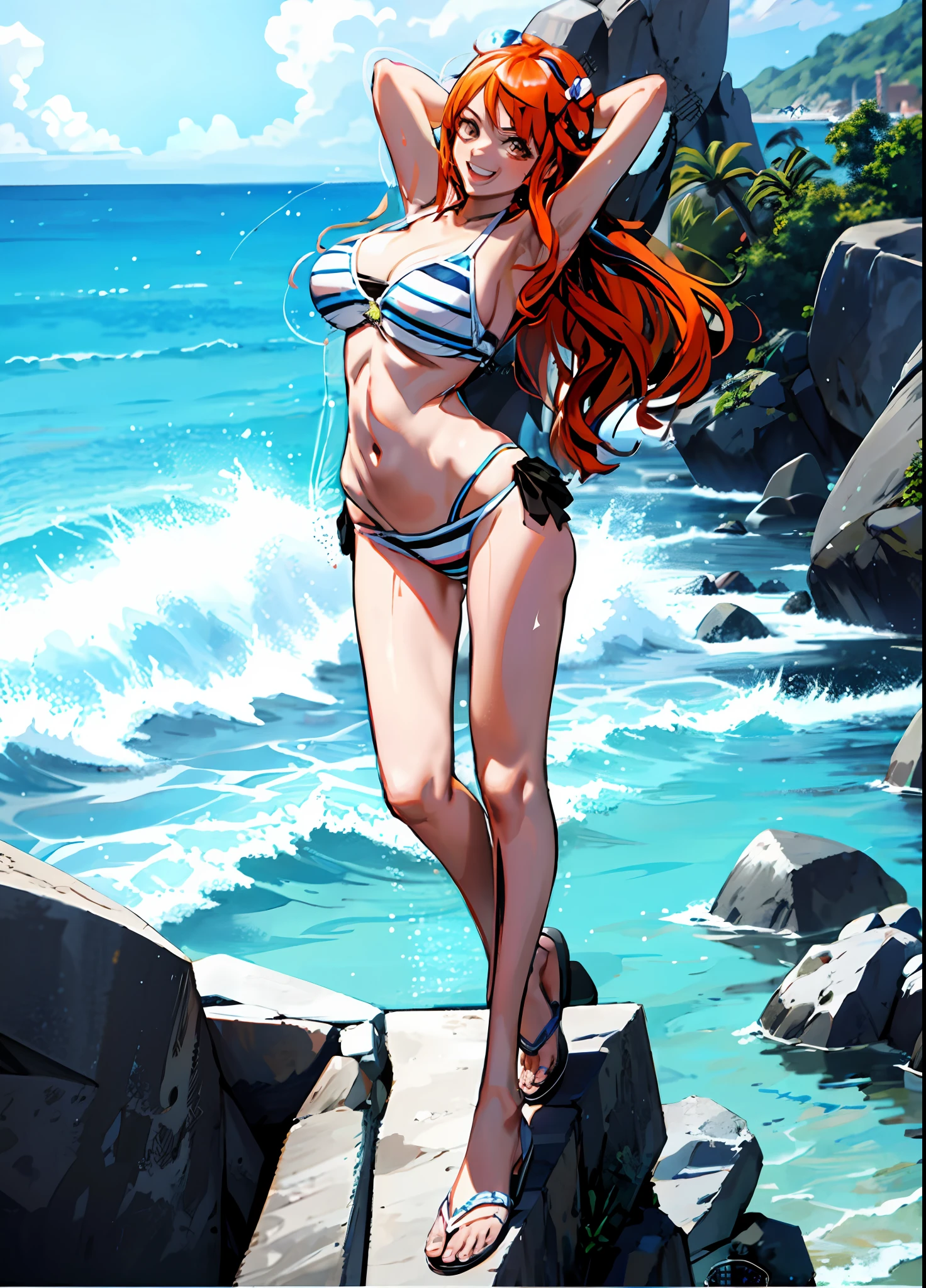 1girl,adjusting_hair,arm_behind_head,armpits,arms_behind_head,arms_up,bikini,blurry,blurry_foreground,breasts,censored,depth_of_field,flaccid,grey_background,hetero,long_hair,lying,mosaic_censoring,motion_blur,navel,orange_hair,photo_(medium),sandals,smile,solo_focus,striped,striped_bikini,swimsuit,nami_(one_piece)