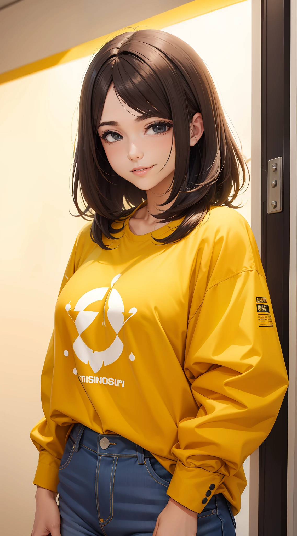 uma mulher de cabelos castanho comprido, de moletom amarelo sorrindo muito