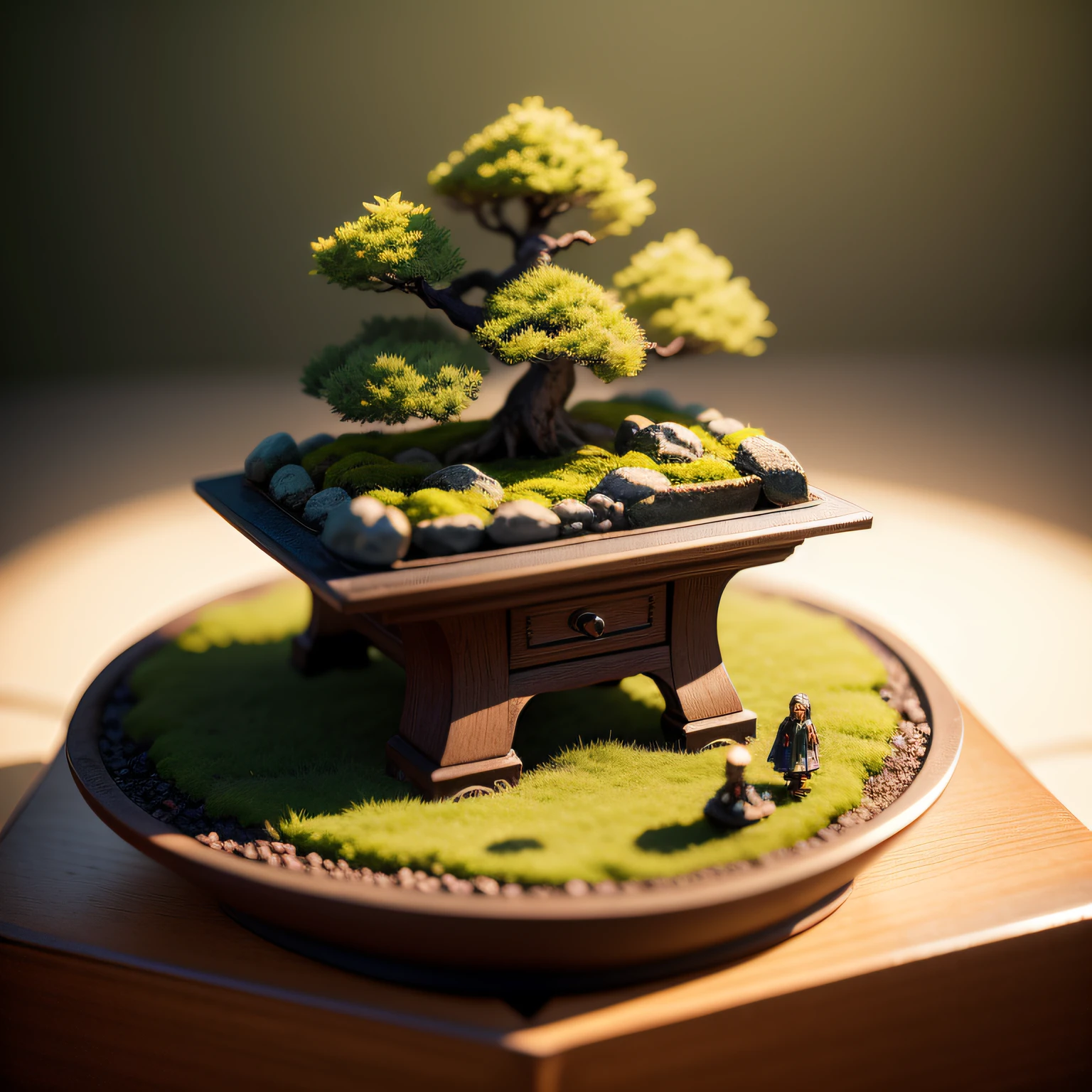 Miniature Bonsai landscape with dolls on top of Realistic, Photography, Studio lighting, shot by Phase One camera, HDR clarity detail, Hyperfocal length, 8K, Ultra Realistic