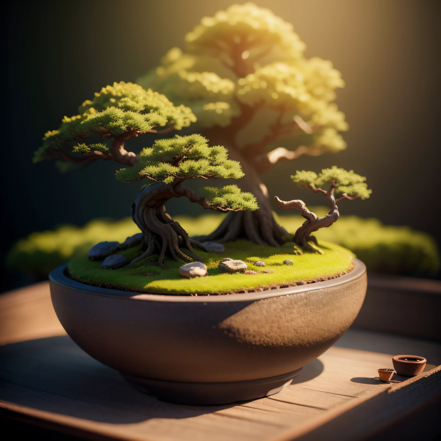 Miniature Bonsai landscape with dolls on top of Realistic, Photography, Studio lighting, shot by Phase One camera, HDR clarity detail, Hyperfocal length, 8K, Ultra Realistic