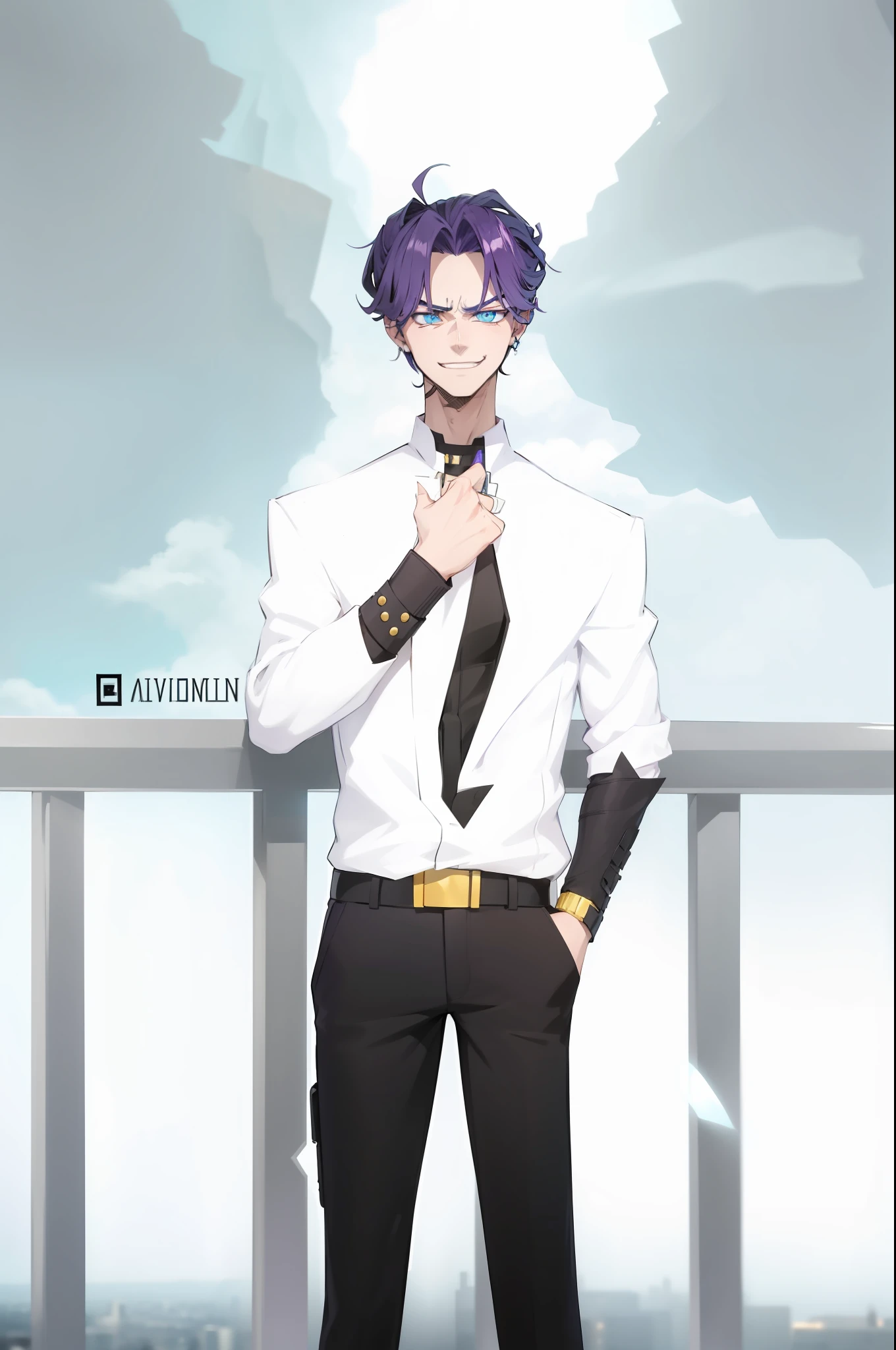 badass, antagonist, purple hair, blue eyes, yellow eyes, heterochromia, 1boy, smug, smile, white suit, black pants, black earring