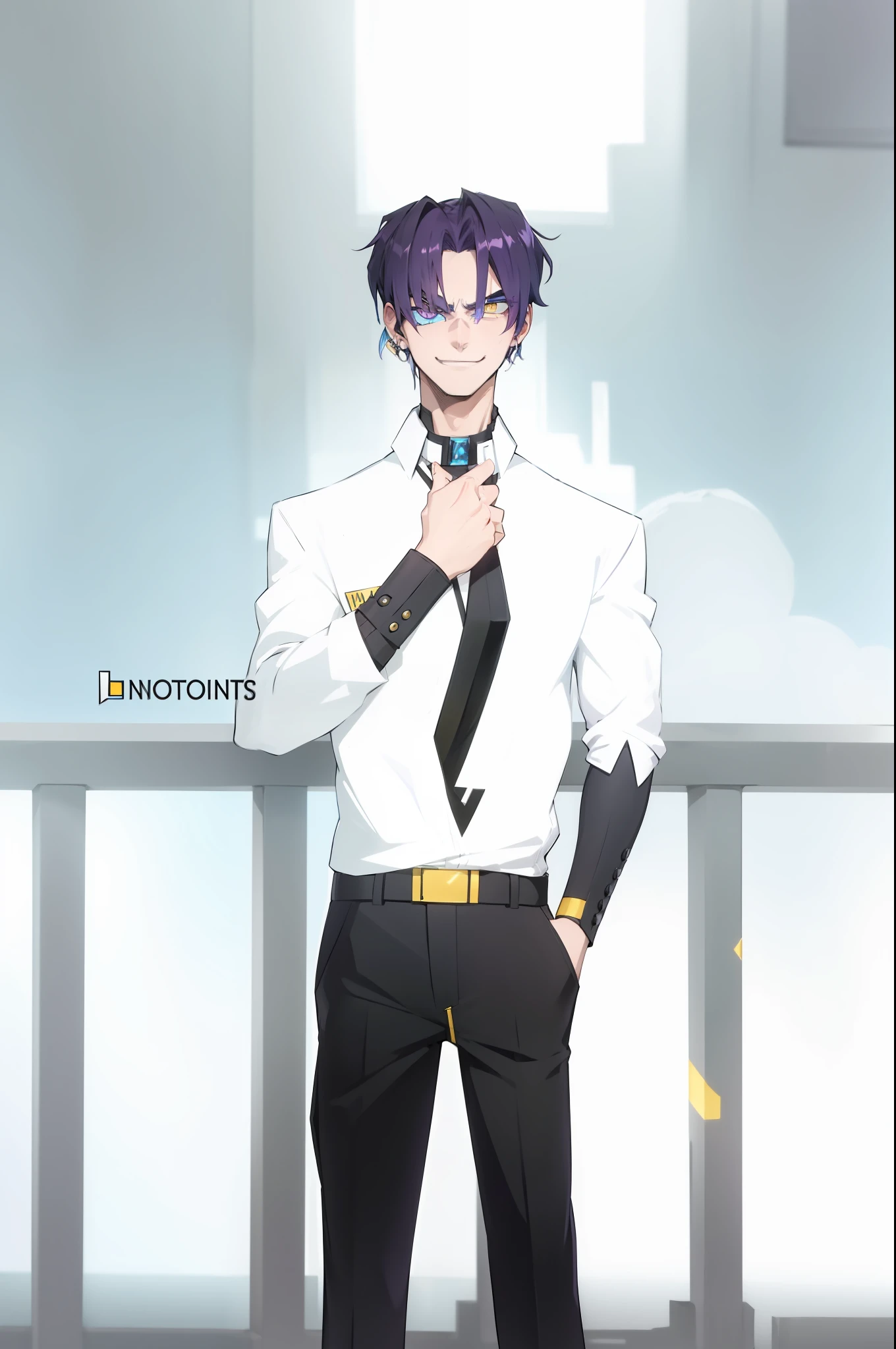 badass, antagonist, purple hair, blue eyes, yellow eyes, heterochromia, 1boy, smug, smile, white suit, black pants, black earring