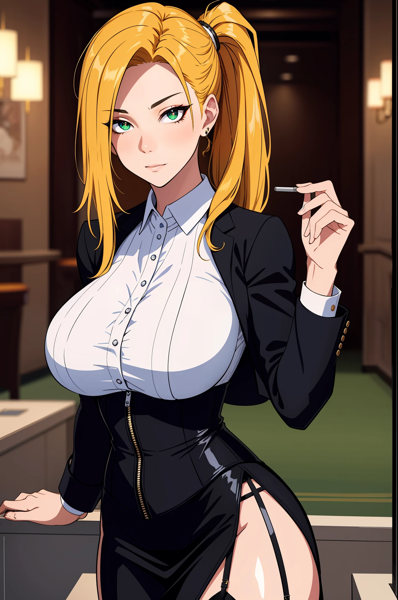 (tmasterpiece,A high resolution,best qualtiy:1.2),8K,highly detailed,复杂,rich colourful,vibrant image,Clear focus,cinematic ligh) blond hairbl,long whitr hair,Green eyes,body builder (Wear black business attire,black_Collared shirt cropped jacket,tiese,tiese,Black frilled skirt,a garter belt,Leather belt) (Large, Perfect round breasts,Hourglass body,Big breasts Thin waist,Very thin waist, photograph realistic,(hyper realisitc:1)big breasts beautiful, tmasterpiece,Best quality at best,extremelydetailedface,s the perfect face,beauitful face,Perfect lighting,Detailed eye makeup,Details of the face,Nice detail eyes,pretty hand,perfect hand,glowing light eyes(realistic pupil,Realistic iris:1)Heavy eye makeup,(empty Casino)(Posing dynamically)High ponytail