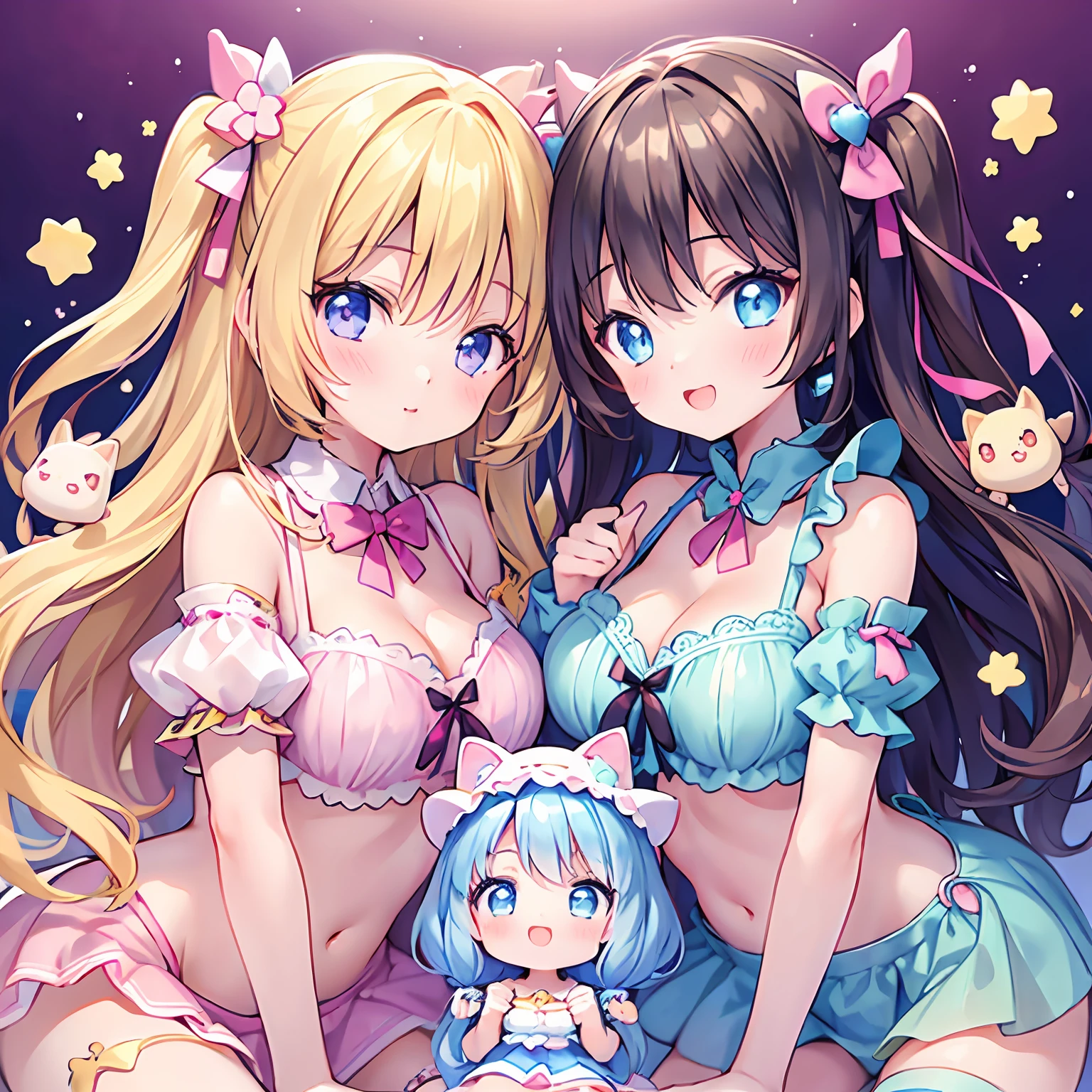 masterpiece, (2girls and 2girls and 2girls and 2girls), idol, closeup, big eyes, kawaiitech, kawaii, cute, pastel colors, best quality, happy, deep background, symmetrical, tilted head, spring, cover, title