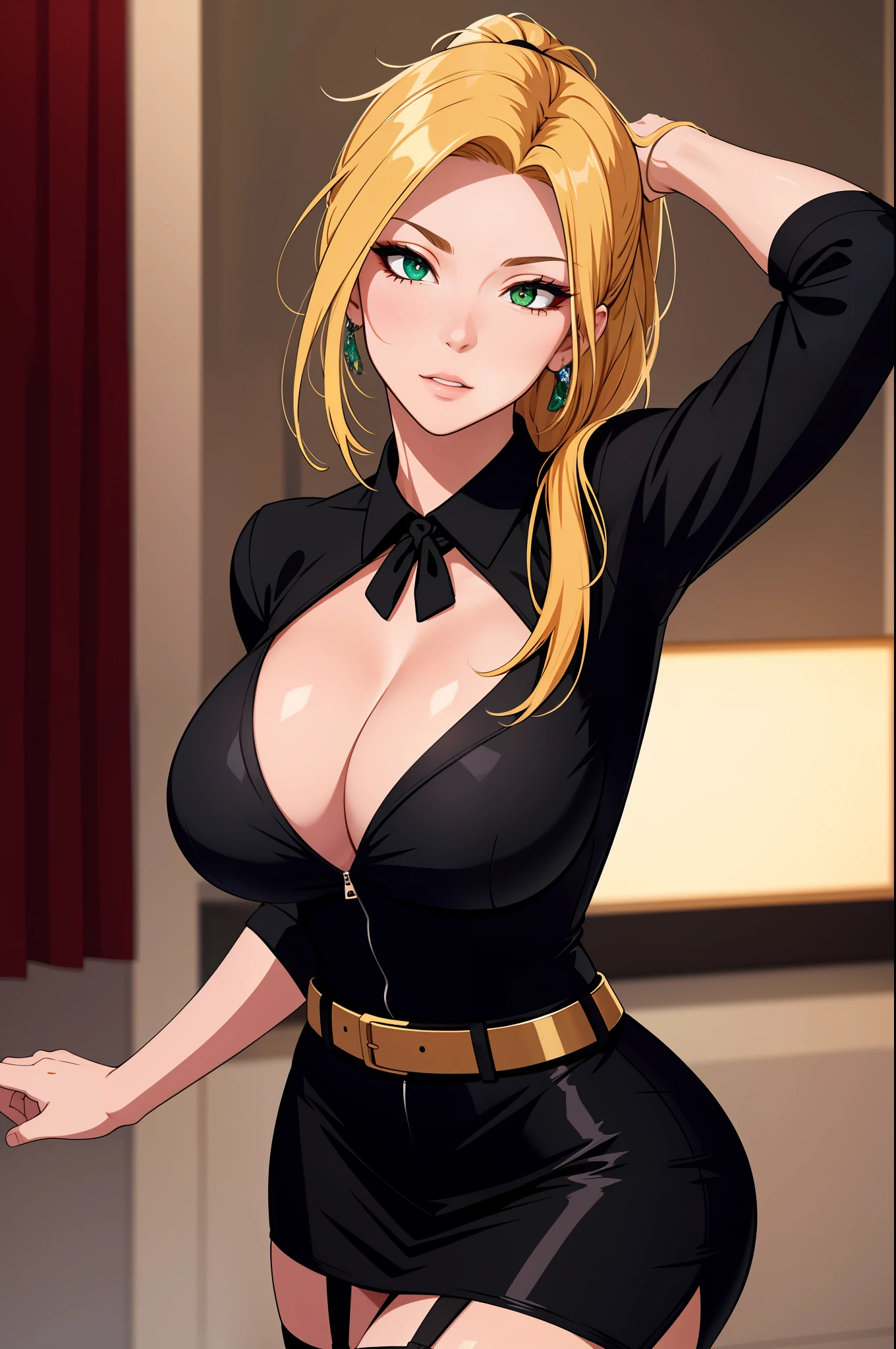 (tmasterpiece,A high resolution,best qualtiy:1.2),8K,highly detailed,复杂,rich colourful,vibrant image,Clear focus,cinematic ligh) blond hairbl,long whitr hair,Green eyes,body builder (Wear black business attire,black_Collared shirt cropped jacket,tiese,tiese,Black frilled skirt,a garter belt,Leather belt) (Large, Perfect round breasts,Hourglass body,Big breasts Thin waist,Very thin waist, photograph realistic,(hyper realisitc:1)big breasts beautiful, tmasterpiece,Best quality at best,extremelydetailedface,s the perfect face,beauitful face,Perfect lighting,Detailed eye makeup,Details of the face,Nice detail eyes,pretty hand,perfect hand,glowing light eyes(realistic pupil,Realistic iris:1)Heavy eye makeup,(empty Casino)(Posing dynamically)High ponytail