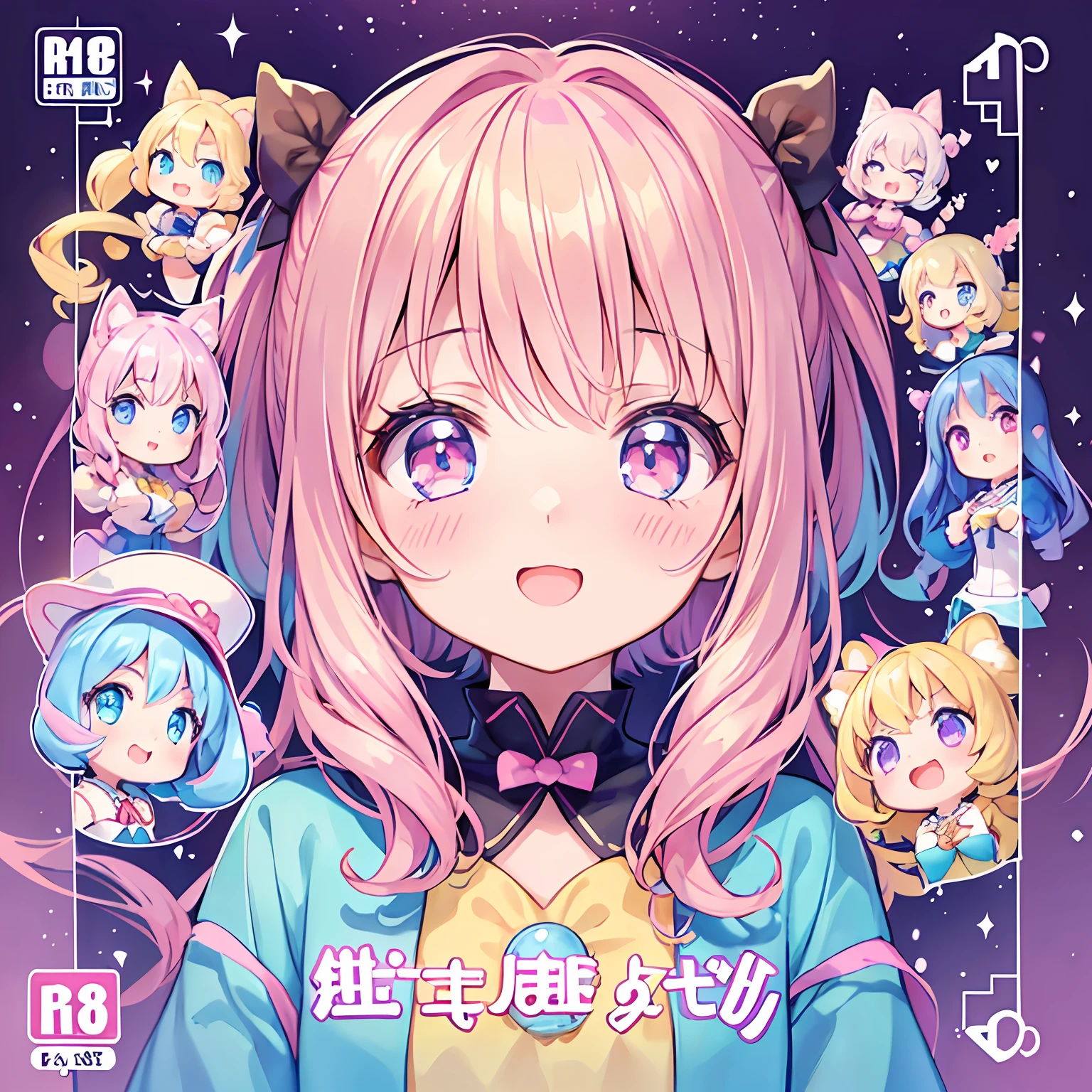 masterpiece, (2girls and 2girls and 2girls and 2girls), idol, closeup, big eyes, kawaiitech, kawaii, cute, pastel colors, best quality, happy, deep background, symmetrical, tilted head, spring, cover, title