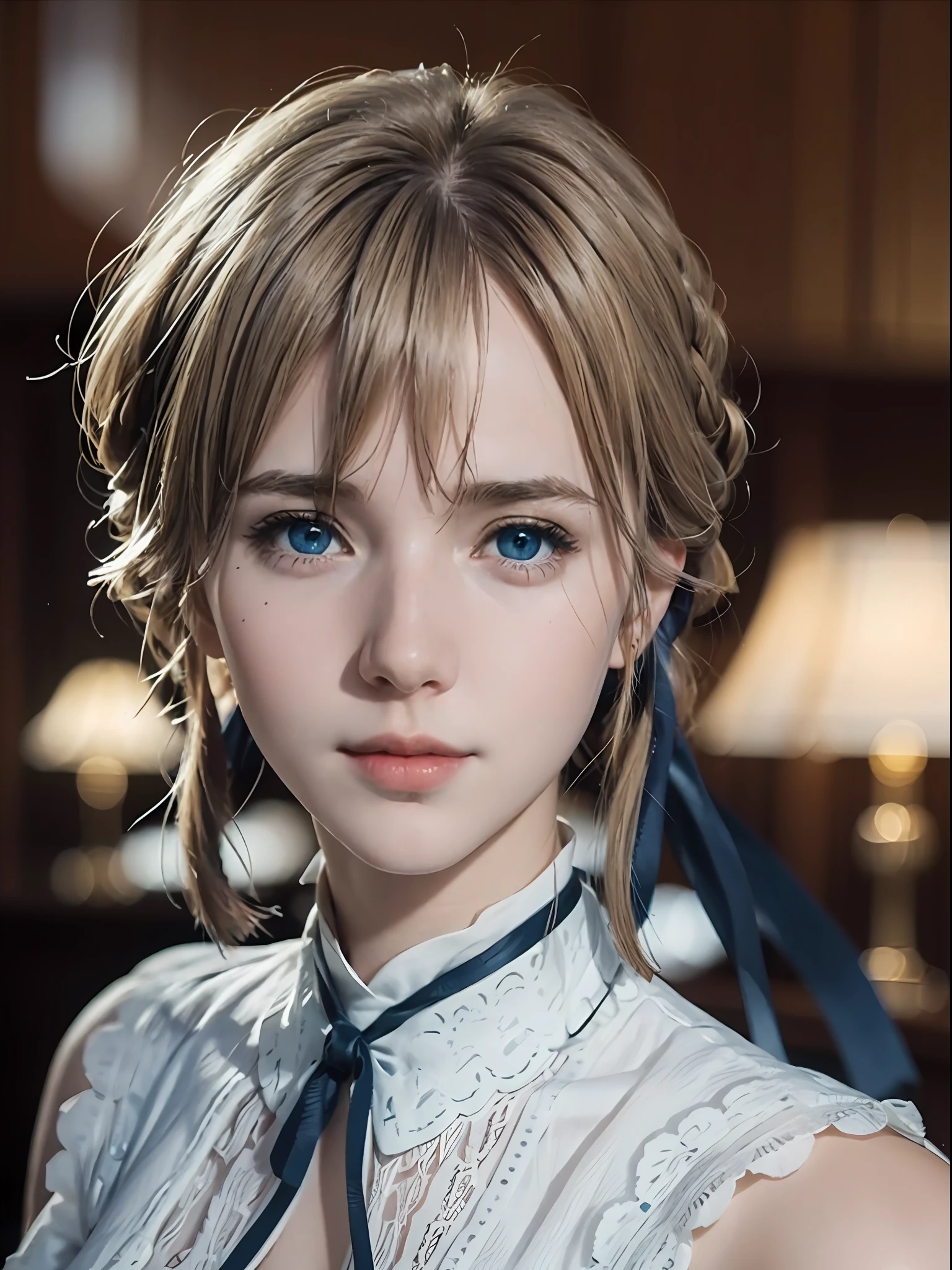 violet_evergarden,  blue_eyes, blonde hair, blue eyes, hair ribbon, ribbon, short hair, braids, hair braids, red ribbon, mature female, erotic smile, erotic eyes, face focus, (realism:1.2), (masterpiece:1.2), (best quality), (ultra detailed), (8k, intricate), (85mm), light particles, lighting, (detailed eyes:1.2), (detailed face:1.2), (highly detailed:1.2), (dynamic angle:1.2), (gradients), colorful, daylight,