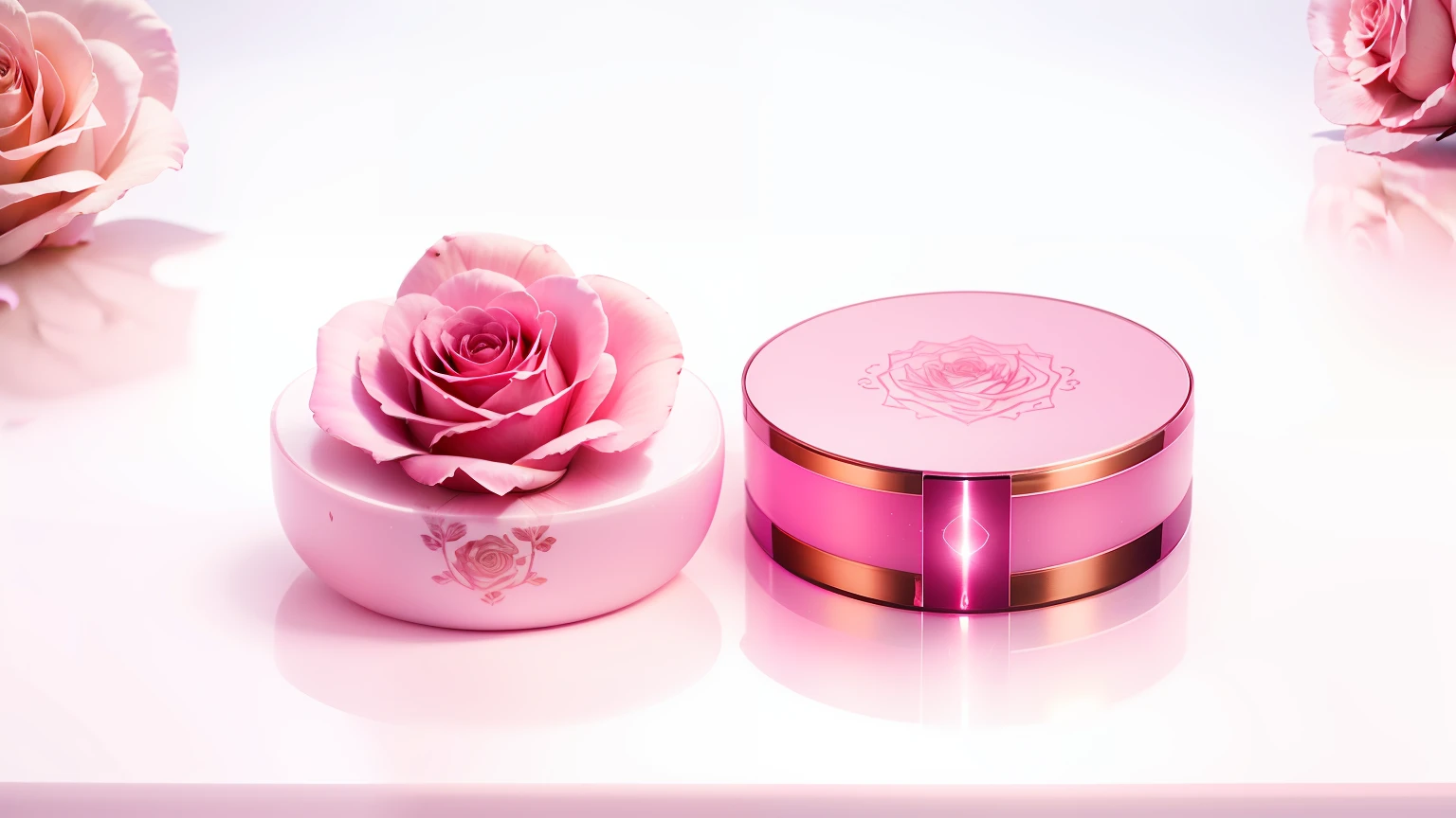 Surrounded by pink roses and rose petals，Beautiful background，products shot，High-definition real photos，Cinematic light and shadow，There is depth of field