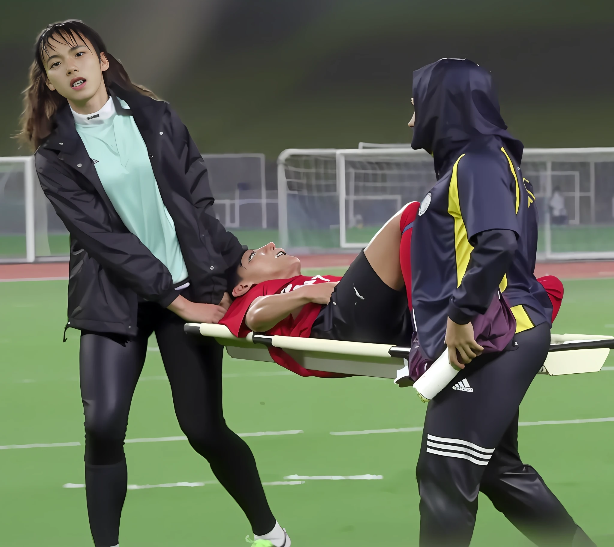 a soccer scene in a chinese sports stadium, rainy weather, wet ground, rainfall, injury scene in a sports stadium, stretcher carry, there are two young schoolgirls in shiny leather-trousers carrying a stretcher, there are two longhaired schoolgirls in high-shine latex-leggings who are carrying a stretcher in a rainy sports stadium, there is a wounded male soccer player in a short sports outfit lying on the stretcher, an injured male soccer player is lying on his back on a stretcher and is grabbing his hurting leg with his hands, a soccer player is rearing up in intense pain while lying on his back on a stretcher and grabbing his injured leg with his hands, dramatic scene, theatralic posing scene, dramatic pity scene, injury soccer, first aid, help, pity, there are two very angry looking schoolgirls in shiny latex-trousers who are looking very sad and very terrified and very shocked, the injured soccer player is screaming out in pain while he is carried from the pitch on a stretcher through the rain